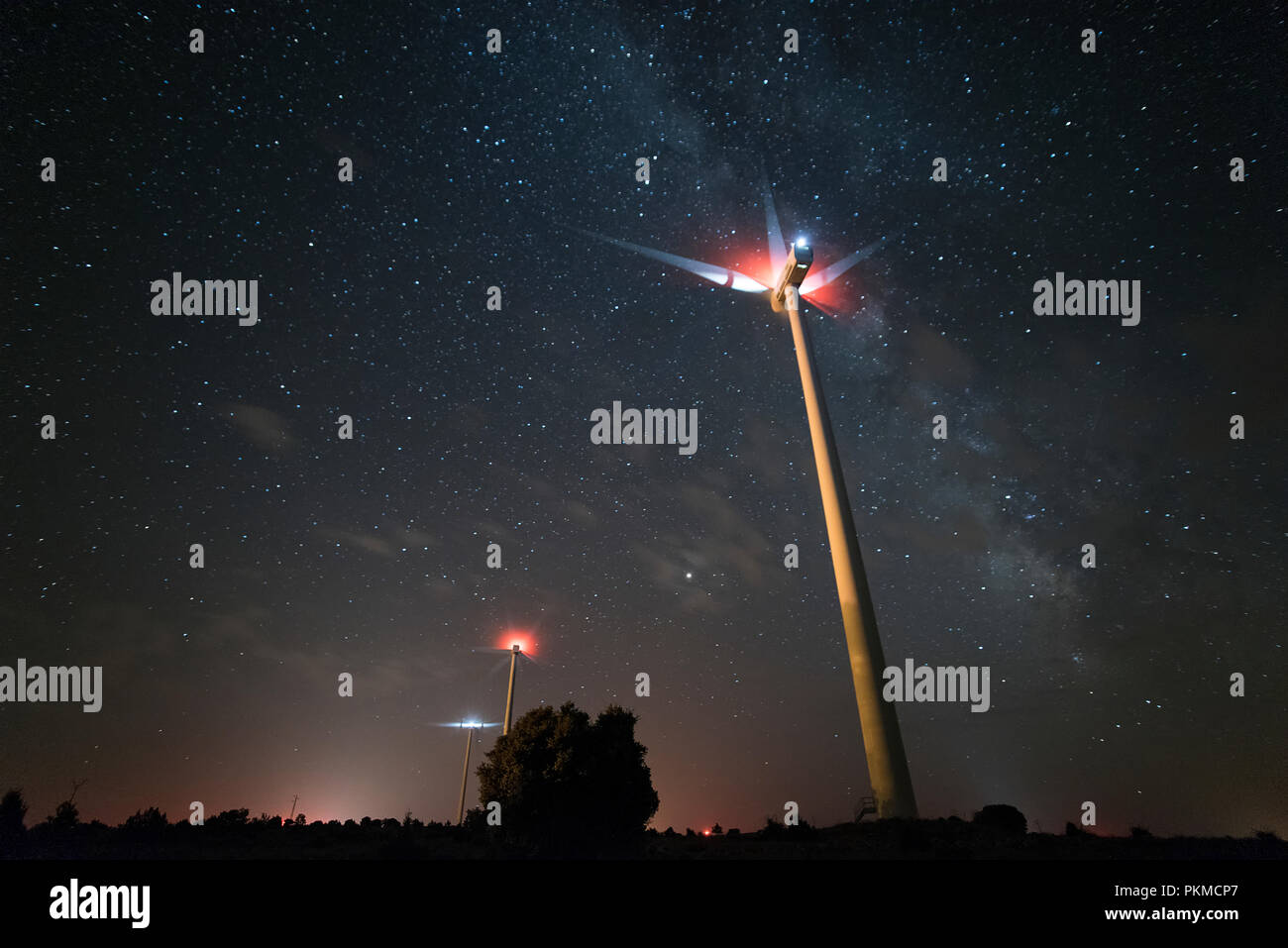 windmills, wind turbines. Power and energy, night photography Stock Photo