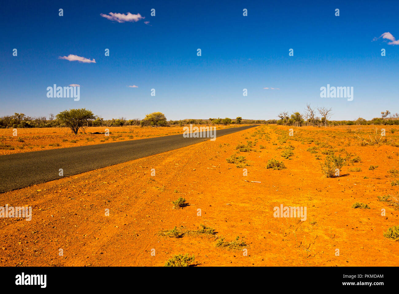 Narrow Australian outback road slicing through arid landscape with sparse  vegetation during drought & stretching to distant horizon under blue sky Stock Photo