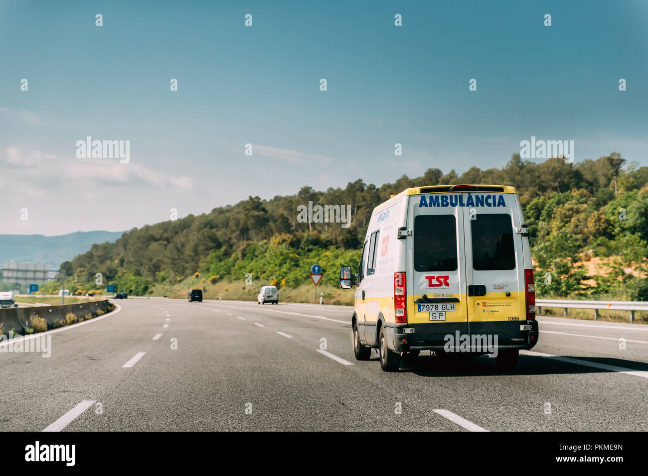 Vilafreser, Spain - May 18, 2018: Emergency Ambulance Van Iveco Car Moving On Spanish Motorway Road Stock Photo