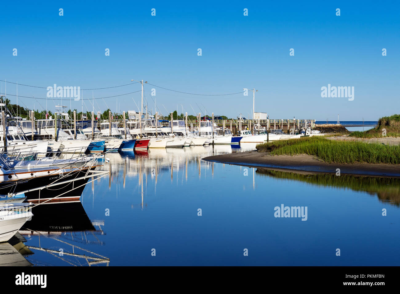 Charter fishing boats docked in Rock Harbor, Orleans, Cape Cod, Massachusetts, USA Stock Photo