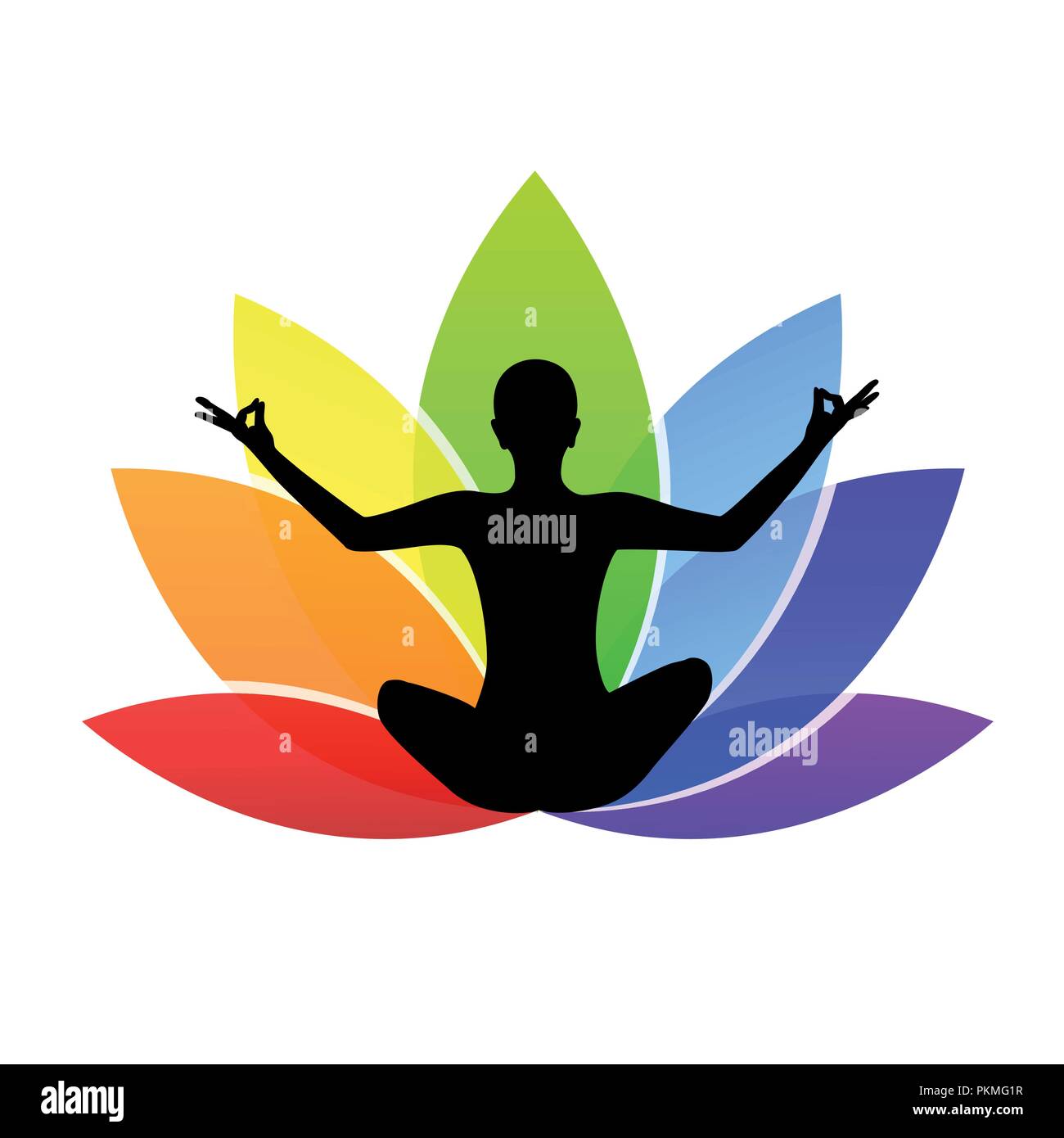 young person sitting in yoga meditation lotus position silhouette with colorful lily in rainbow colors vector illustration EPS10 Stock Vector