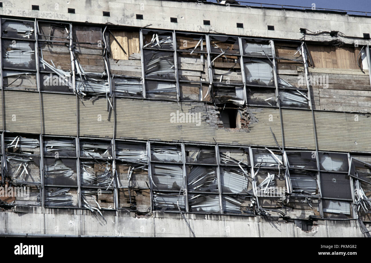 15th March 1993 During the Siege of Sarajevo: detail of damage to the upper  floors of the "Post, Telegraph & Telephone" building (BH Pošta & BH Telecom)  in the Dolac Malta area