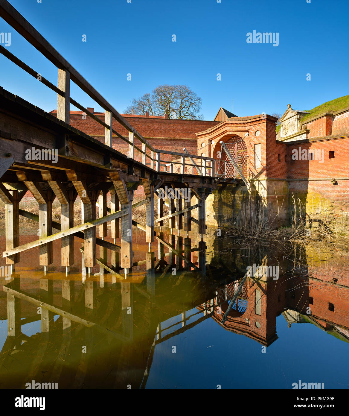 Fortress Dömitz, gate with drawbridge over moat, Dömitz, Mecklenburg-Western Pomerania, Germany Stock Photo