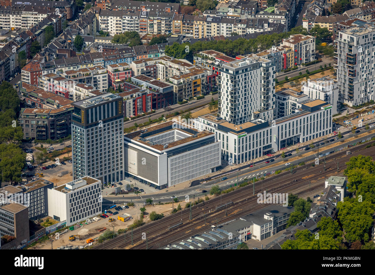 Aerial view, New residential buildings and office towers on Toulouser Allee, Lierenfeld, Düsseldorf, Holiday Inn Düsseldorf Stock Photo