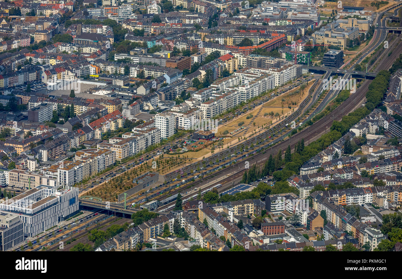 Aerial view, New residential buildings and office towers on Toulouser Allee, Nestoria, Maurice Ravel Park, Marc Chagall Street Stock Photo