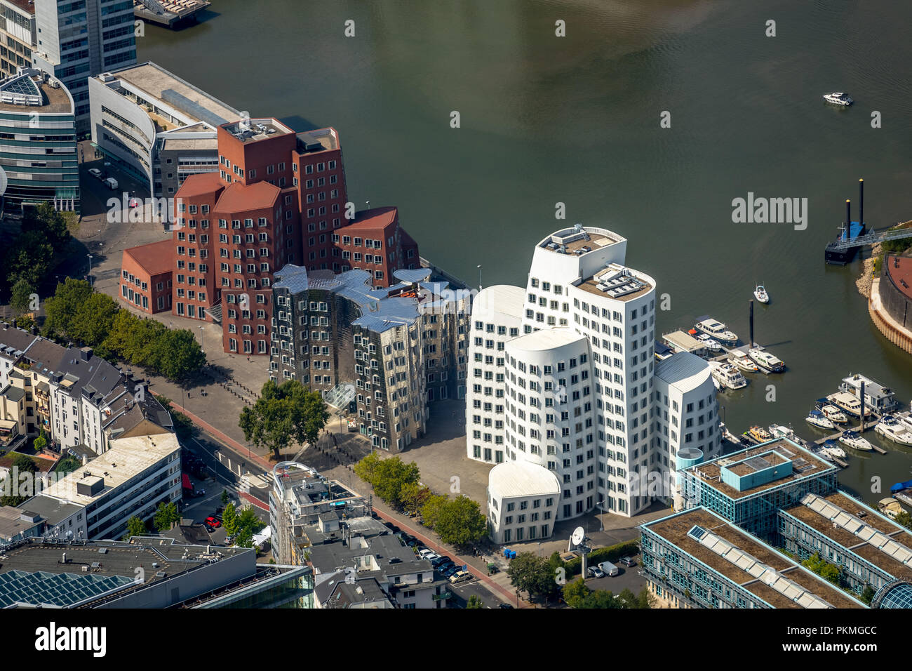 Aerial view, Düsseldorf Media Harbour, Gehry Bauten, Friedrichstadt, Düsseldorf, Rhineland, North Rhine-Westphalia, Germany Stock Photo