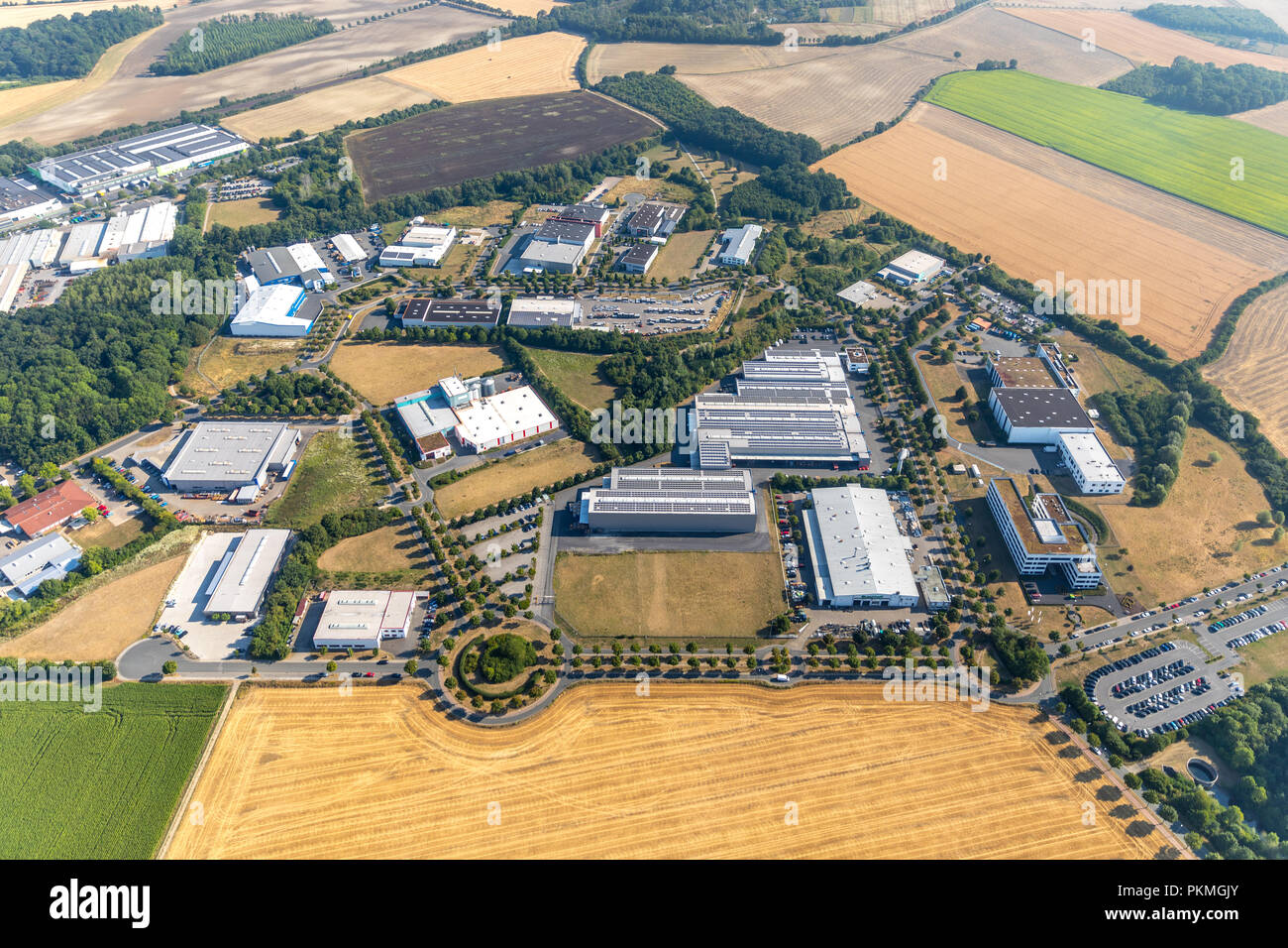 Aerial view, Natural and Industrial Park Olfetal, LR Health and Beauty Systems GmbH, Ahlen, Ruhr Area, North Rhine-Westphalia Stock Photo