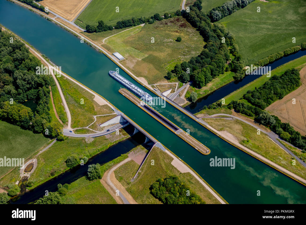 Aerial view, Canal bridge, water bridge, canal intersection with the Lippe river, inland vessels, cargo ship, inland shipping Stock Photo