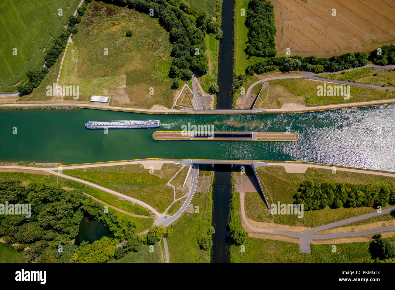 Aerial view, Canal bridge, water bridge, canal intersection with the Lippe river, inland vessels, cargo ship, inland shipping Stock Photo