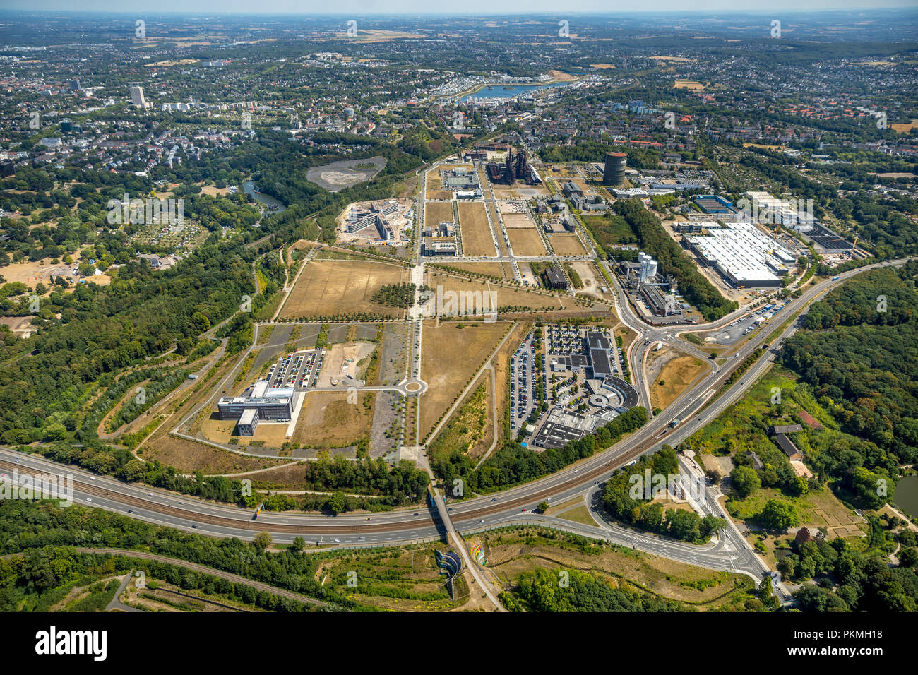 Aerial view, Industrial area Phoenix-West, industrial park, former steel works Hoesch Dortmund, Amprion Stock Photo