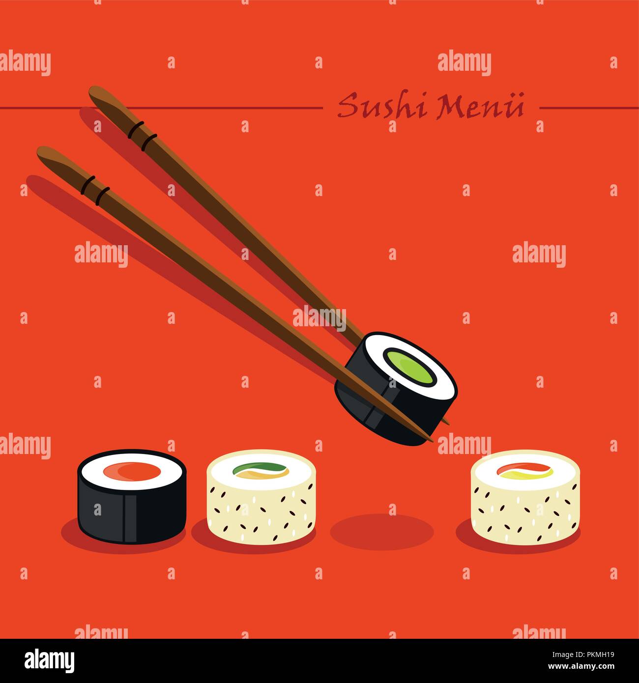 set of different sushi types chopsticks and soy sauce vector illustration EPS10 Stock Vector