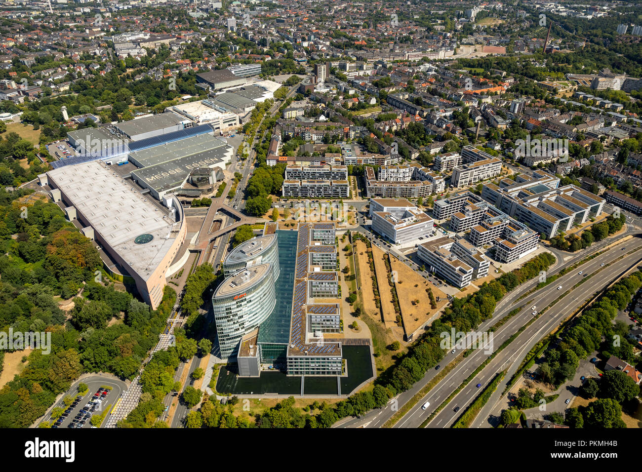 Aerial view, Expo Essen, Exhibition Grounds at GRUGA Park near E.ON Campus Essen, Rüttenscheid, Essen, Ruhr Area Stock Photo