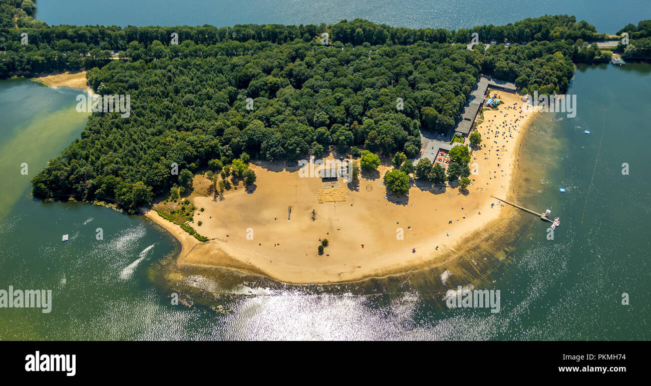 Aerial view, Strandbad am Halterner Stausee, swimming pool, summer, secure sandy lido, turquoise waters, Haltern am See Stock Photo