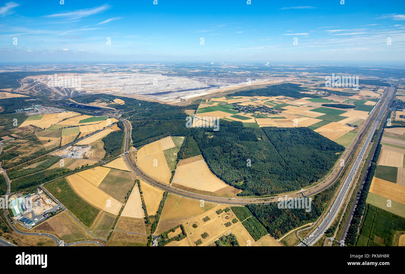 Aerial view, Etzweiler, lignite open-pit mining, Hambach Forest, Bürgewald Steinheide, landscape conservation area Stock Photo