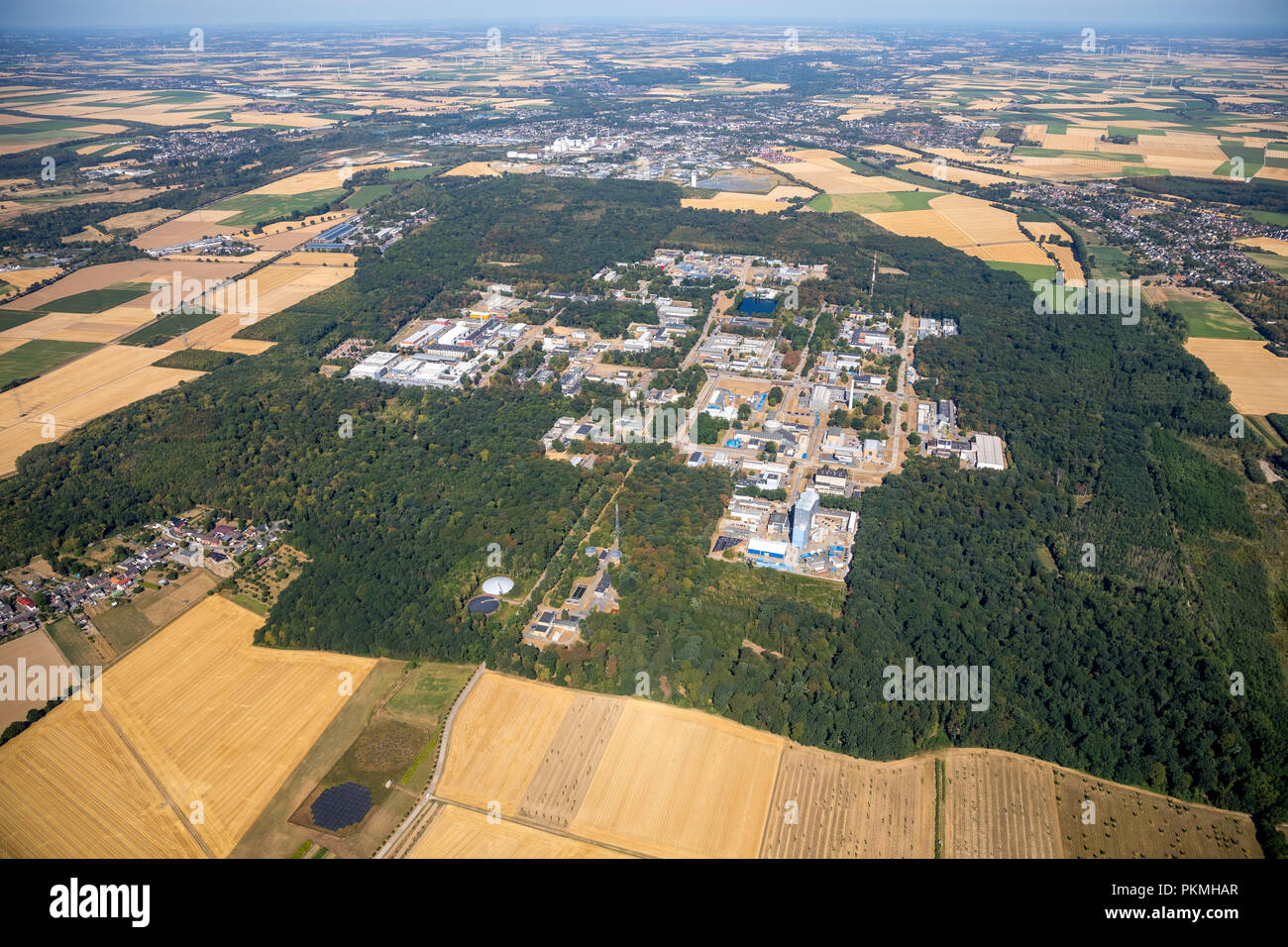 Aerial view, Business Park Technology Center Jülich GmbH, Experimental Atomic Power Plant, Hambach, Jülich, Rhineland Stock Photo
