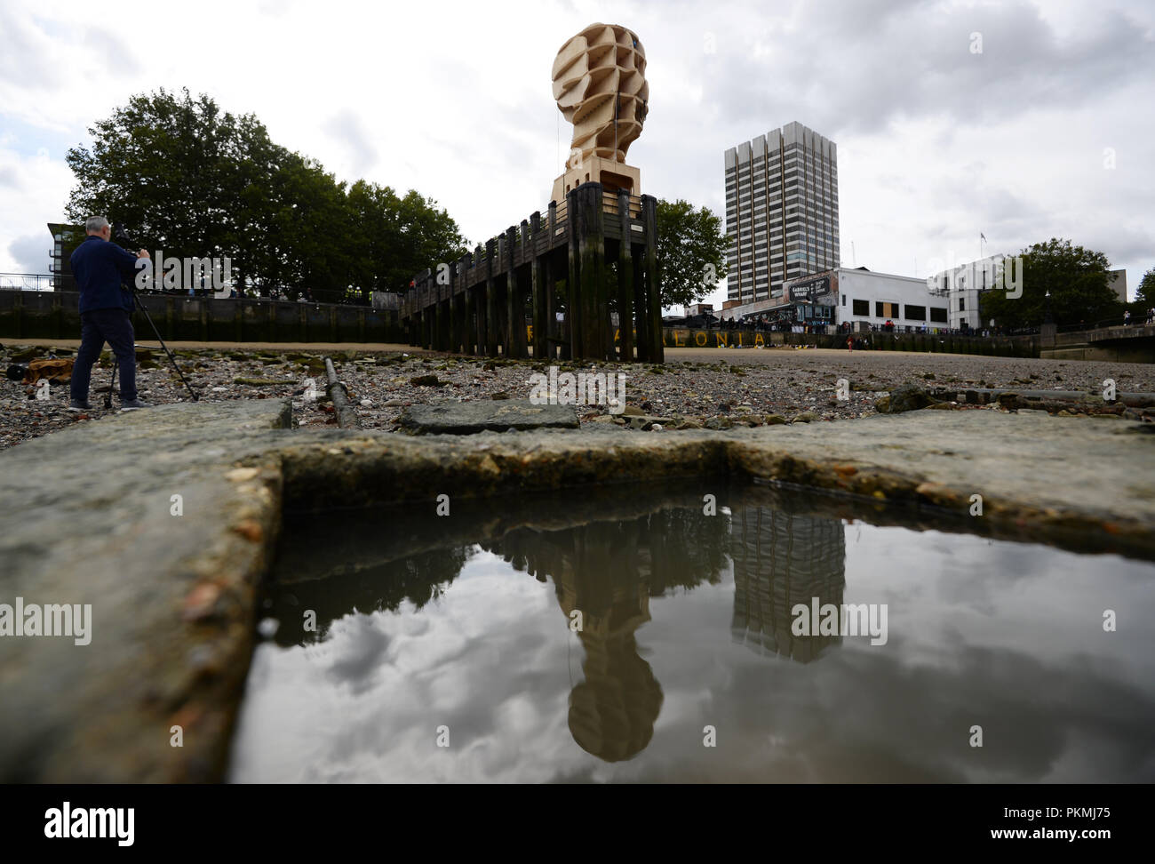 The Head Above Water sculpture created by British designer Steuart Padwick in support of Time to Change, the anti-stigma mental health campaign, goes on display on the South Bank in London. Stock Photo