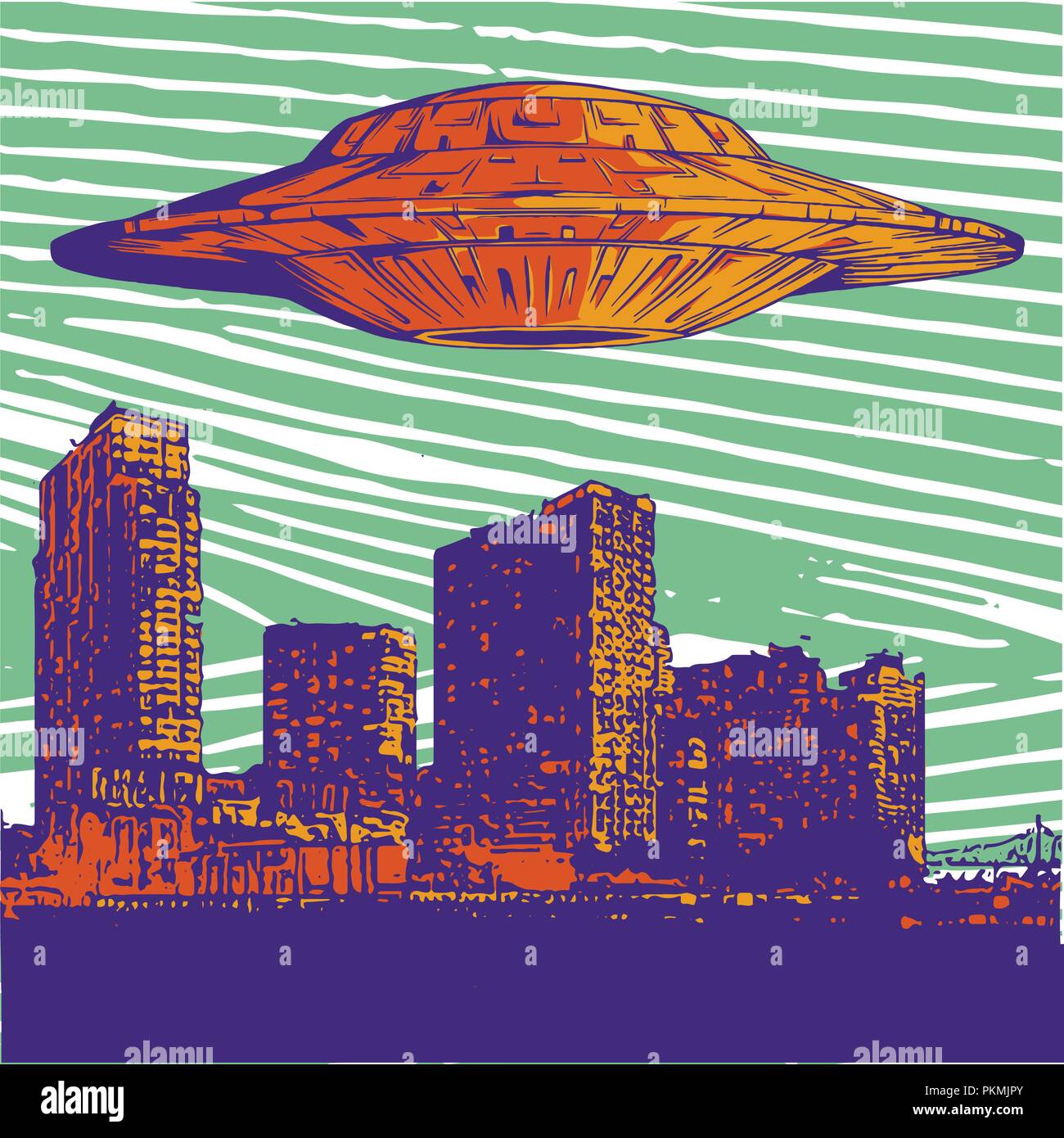 UFO abducts human. Space ship UFO ray of light in the night sky in the city. Vector illustration in vintage style. Stock Vector