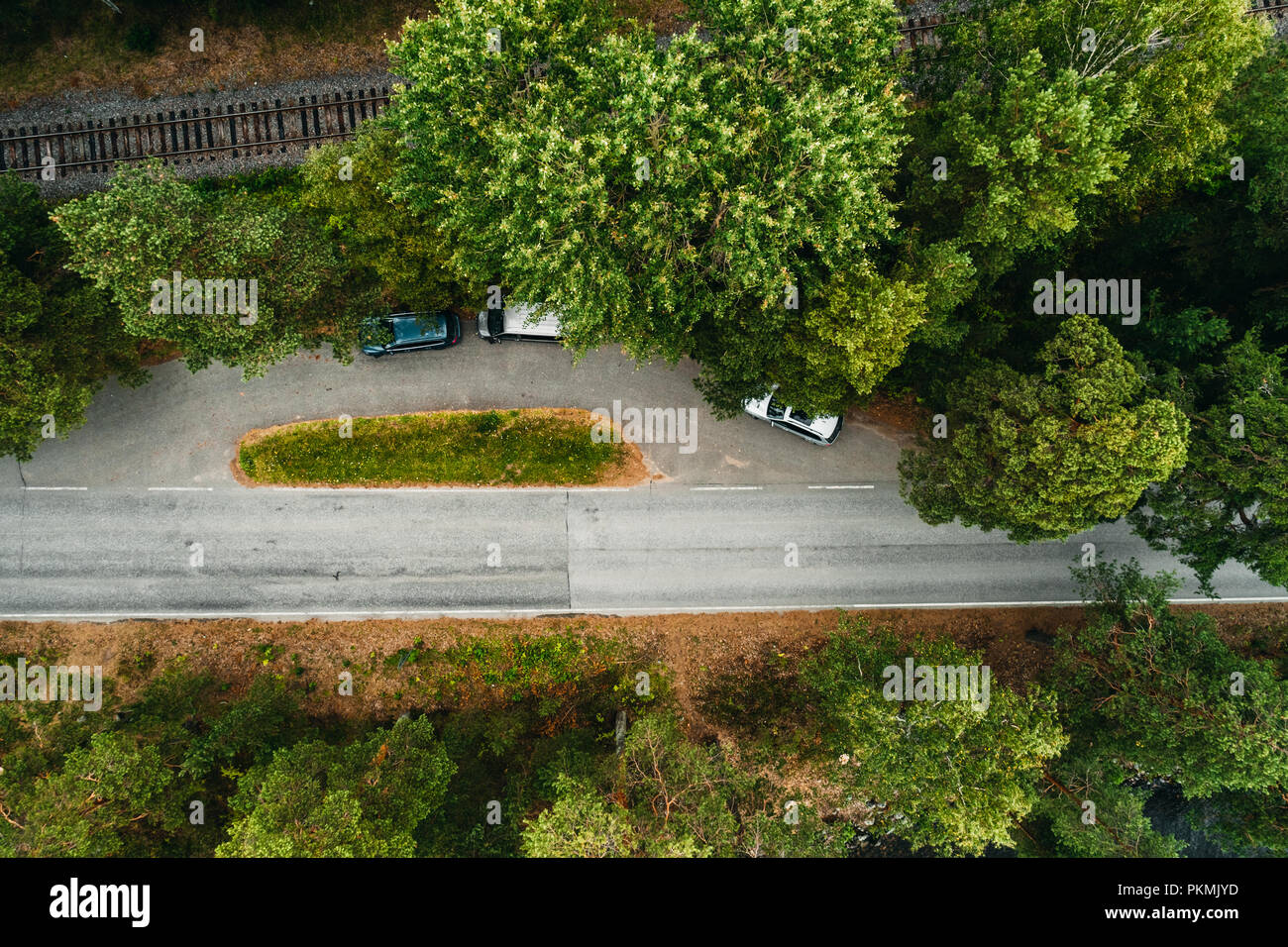 Resting place at the side of the road with cars seen from the sky, Punkaharju Finland Stock Photo