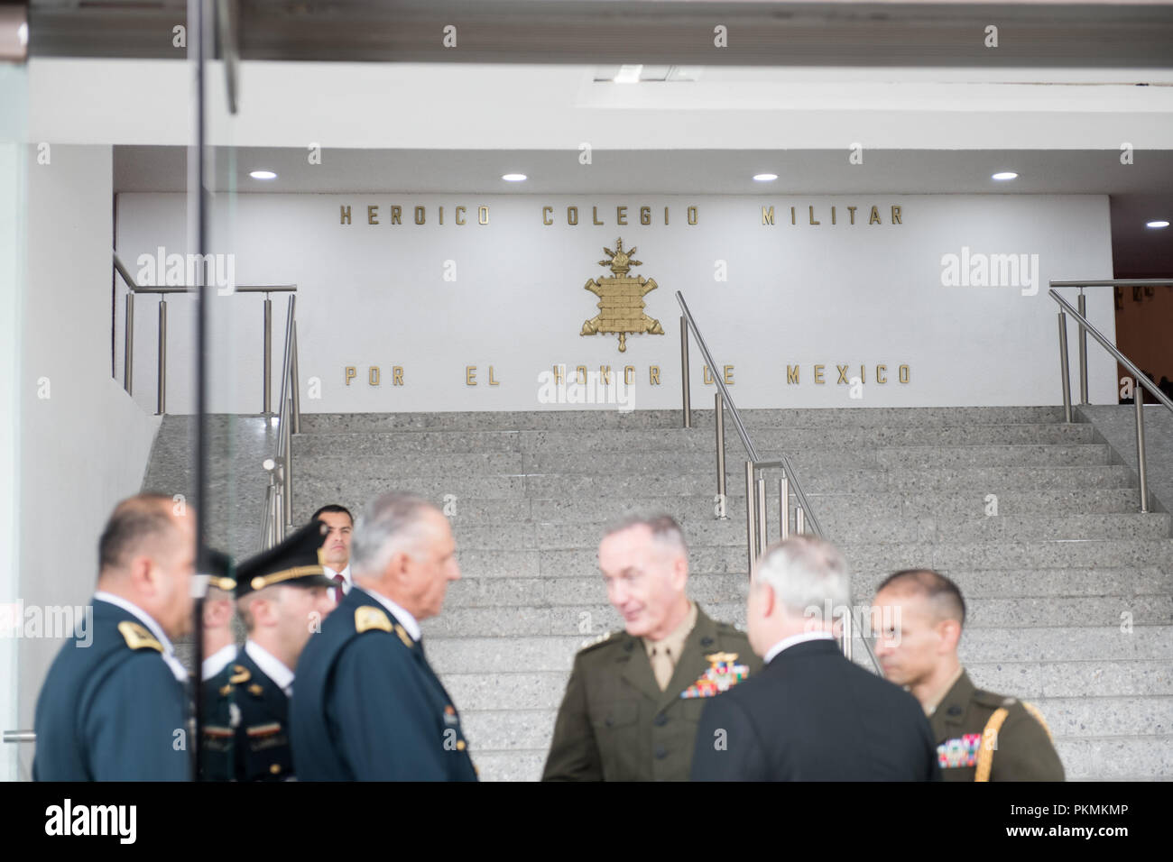 Mexico City, Mexico. 13th Sep, 2018. U.S. Marine Corps Gen. Joe Dunford, chairman of the Joint Chiefs of Staff, greets Mexican Gen. Salvador Cienfuegos Zepeda, Secretary of the Army, and Mexican Adm. Vidal Francisco Soberon Sanz, Secretary of the Navy, before the start of a Military Parade hosted by Mexican President, Enrique PeÐ¦a Nieto, in Mexico City, Mexico, Sept. 13, 2018. Credit: Us Joint Staff/Russian Look/ZUMA Wire/Alamy Live News Stock Photo