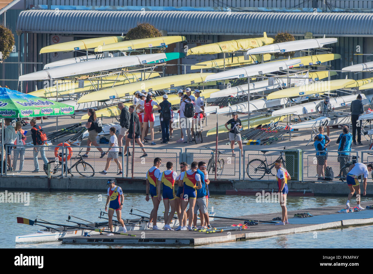 Plovdiv, Bulgaria, Friday, 14th September 2018. FISA, World Rowing Championships,  Men's Eights Repechage, Romanian crew, congratulate each other after qualifying for Sundays Men's eights final, © Peter SPURRIER, Credit: Peter SPURRIER/Alamy Live News Stock Photo