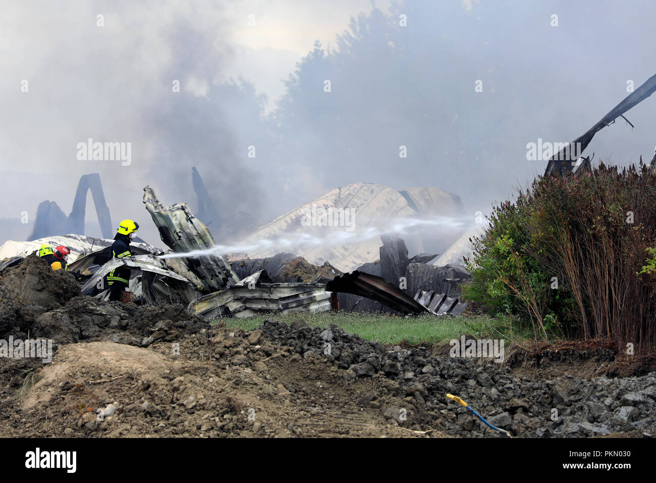 Salo, Finland. September 14, 2018. Fire destroys 5,000 square meters of production and office spaces of Finnish Candle manufacturer Kynttila-Tuote Oy. 200 tons of paraffin got burned in the building, which generated toxic, dense smoke and residents in the immediate area were evacuated. The spread of fire to the warehouse was blocked. Credit: Taina Sohlman/ Alamy Live News Stock Photo