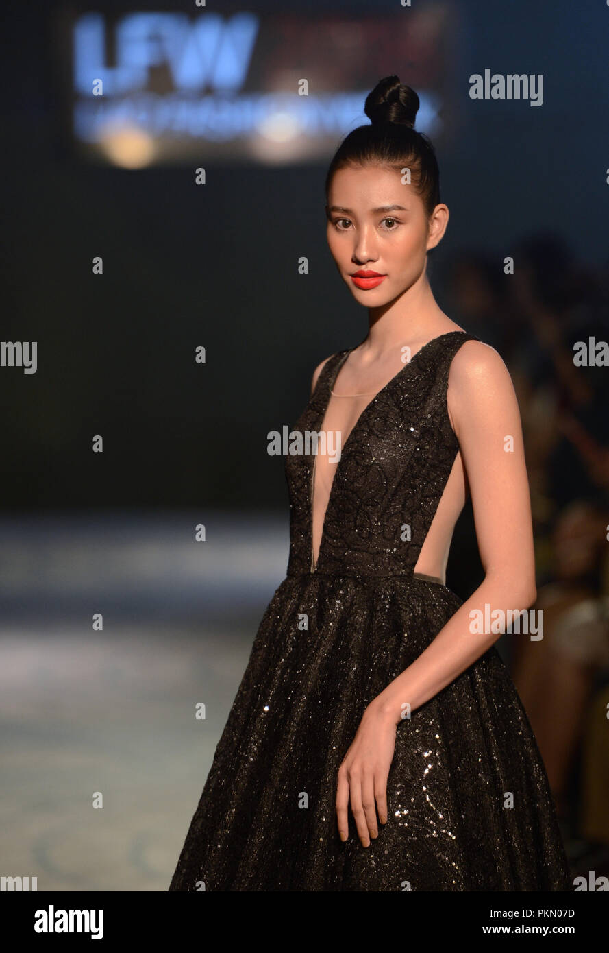 Vientiane, Laos. 14th Sep, 2018. A model presents a creation during the Lao  Fashion Week 2018 in Vientiane, capital of Laos, on Sept. 14, 2018. The Lao  Fashion Week 2018 was held