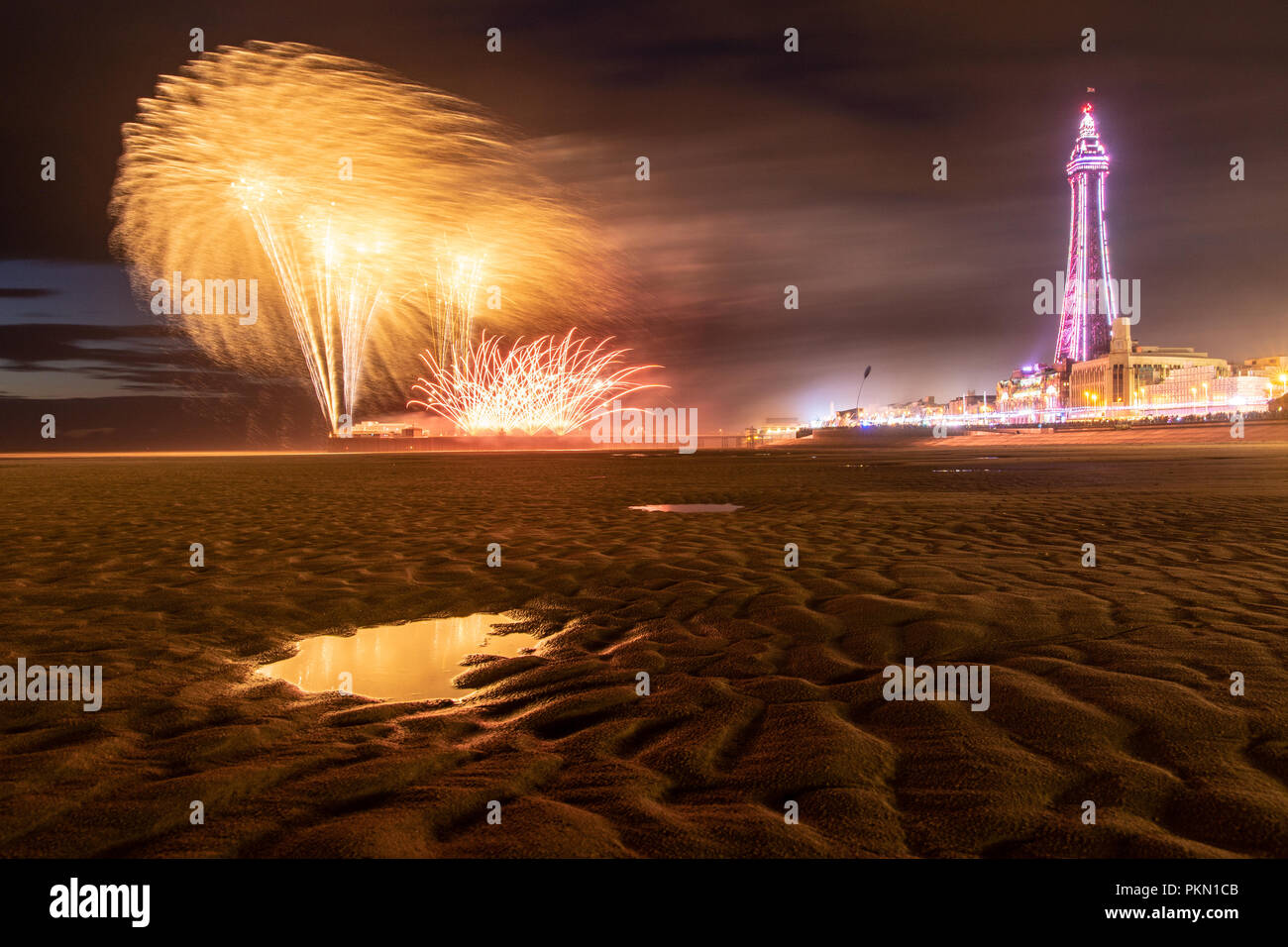Blackpool UK, 14th September 2018.  Weather news. The light showers did'nt put a dampner on the firework show tonight in Blackpool.©Gary Telford/Alamy live news  Stock Photo