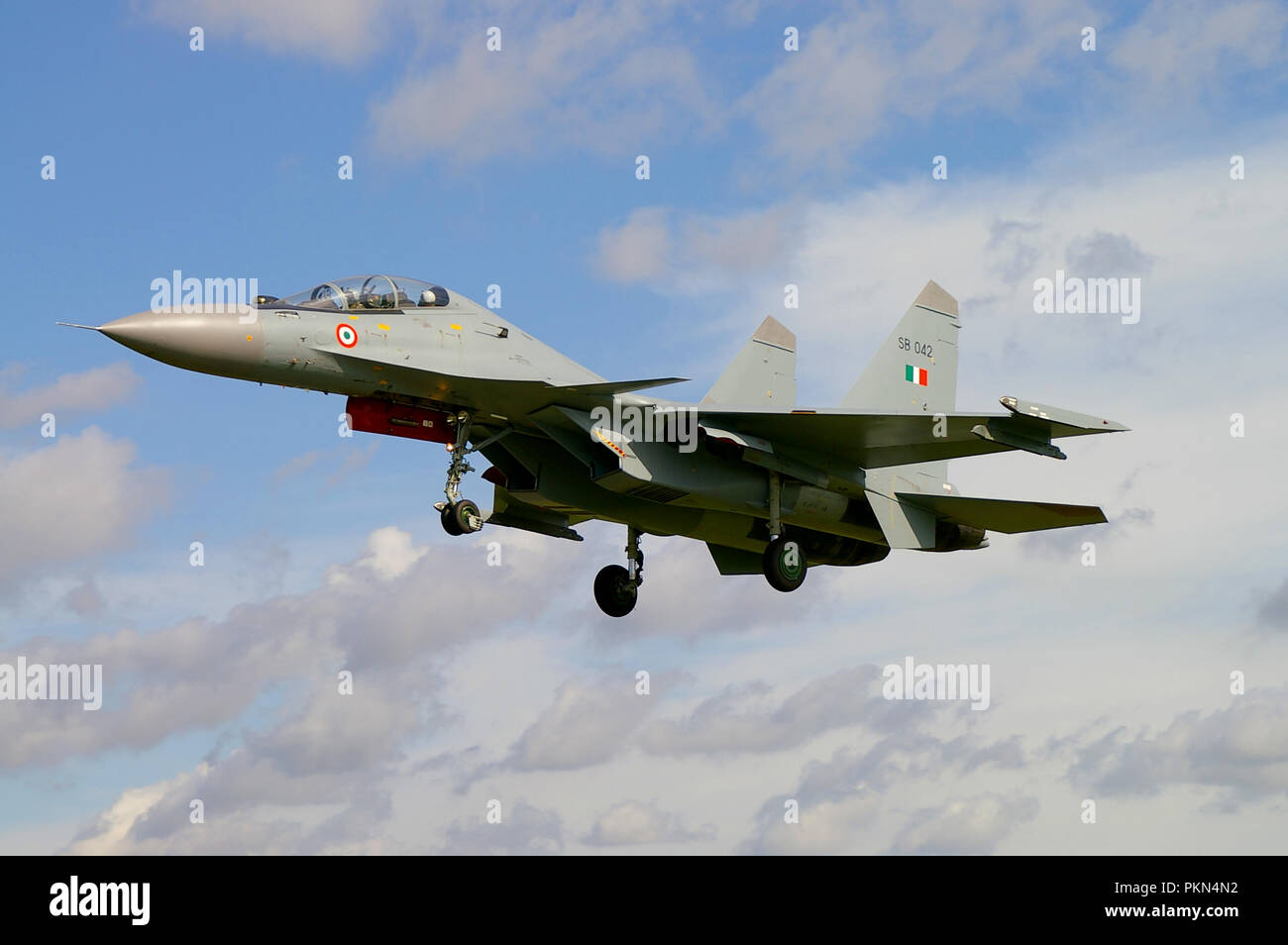 Indian Air Force Sukhoi Su-30MKI fighter jet plane, air superiority fighter. Su30 Flanker H Russian designed, built by Hindustan Aeronautics Limited Stock Photo
