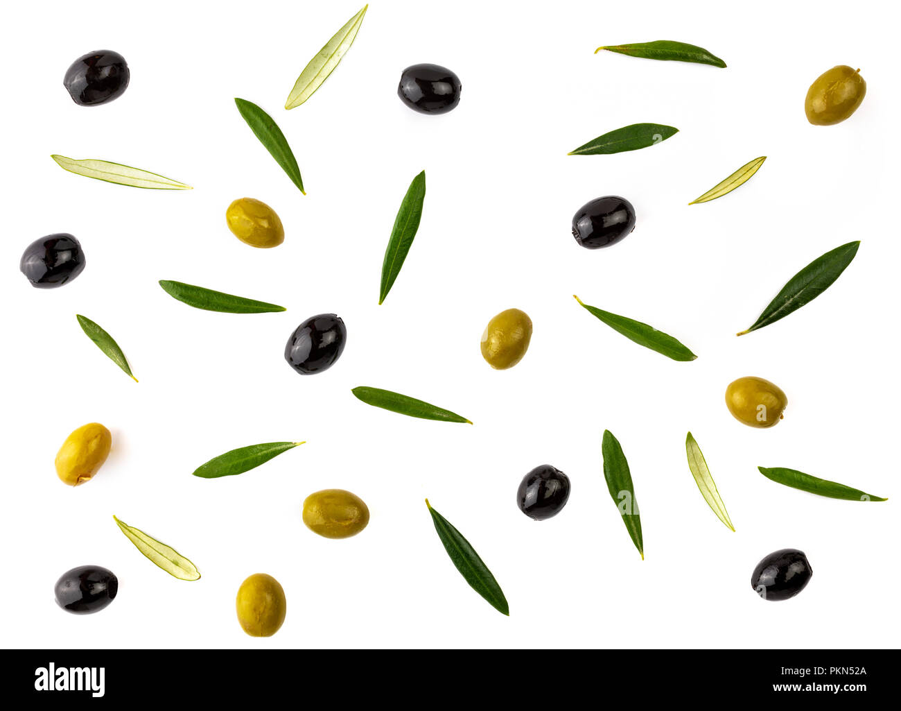 Texture background with green and black olives and with olive leaves
