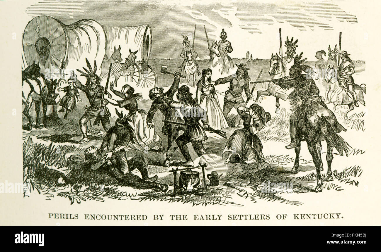 Daniel Boone  (1734-1820) was an American frontiersman who was born in Reading, Pennsylvania. In March of 1775, as advance agent for Transylvania Co., he blazed Wilderness Road and founded Boonesboro (also spelled Boonesborough) on Kentucky River. He was captured by Indians in 1778, but he escaped and moved to Missouri after land titles in Kentucky were invalidated. His adventures became well-known through the so-called autobiographical account by John Filson.This illustration is from the book titled: Story of the Wild West and Camp Fire Chats: Being the Complete and Authentic History of the G Stock Photo