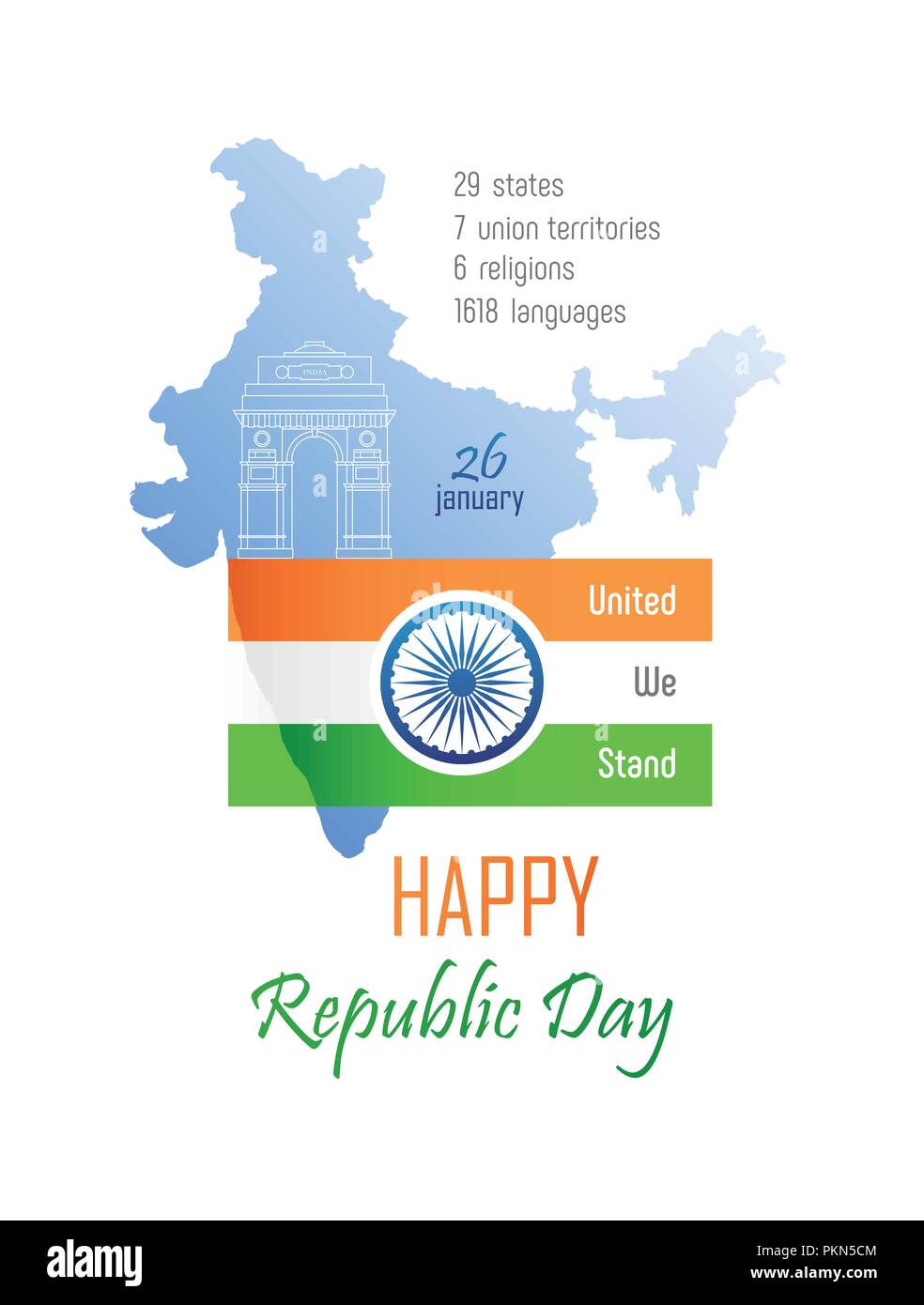January 26. Happy Republic day of India. The Flag of India with Ashoka Chakra and sketch of India Gate on the silhouette of the map of India. Vector i Stock Vector