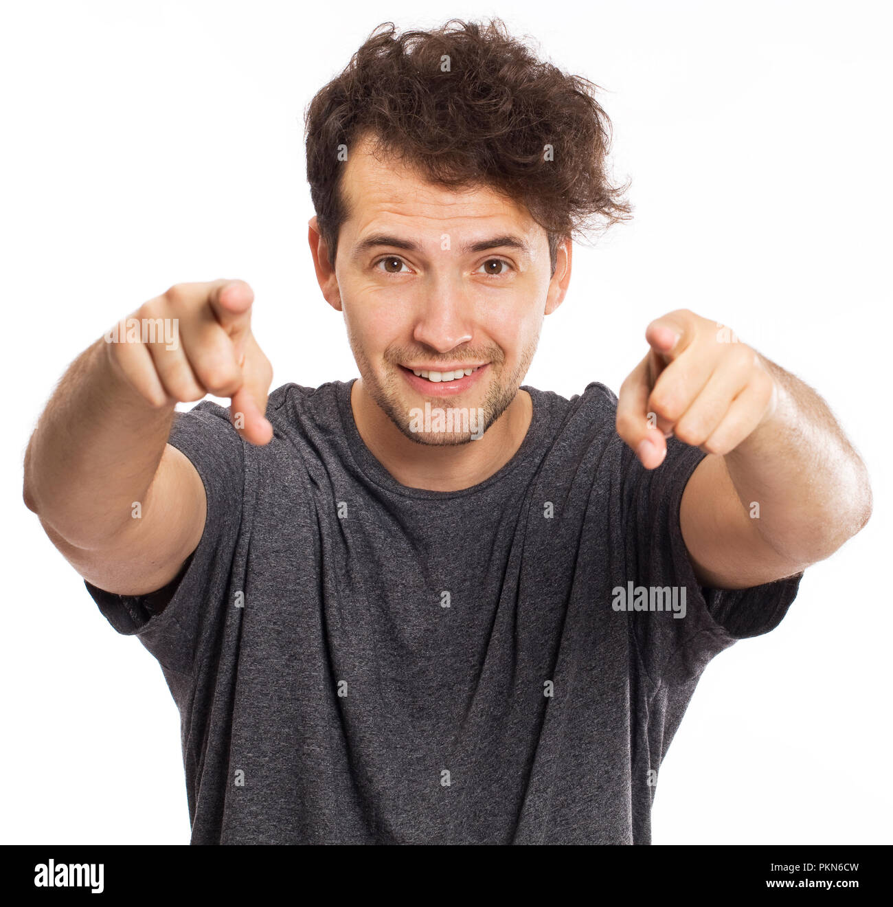 Young man and sign of victory isolated on white background Stock Photo