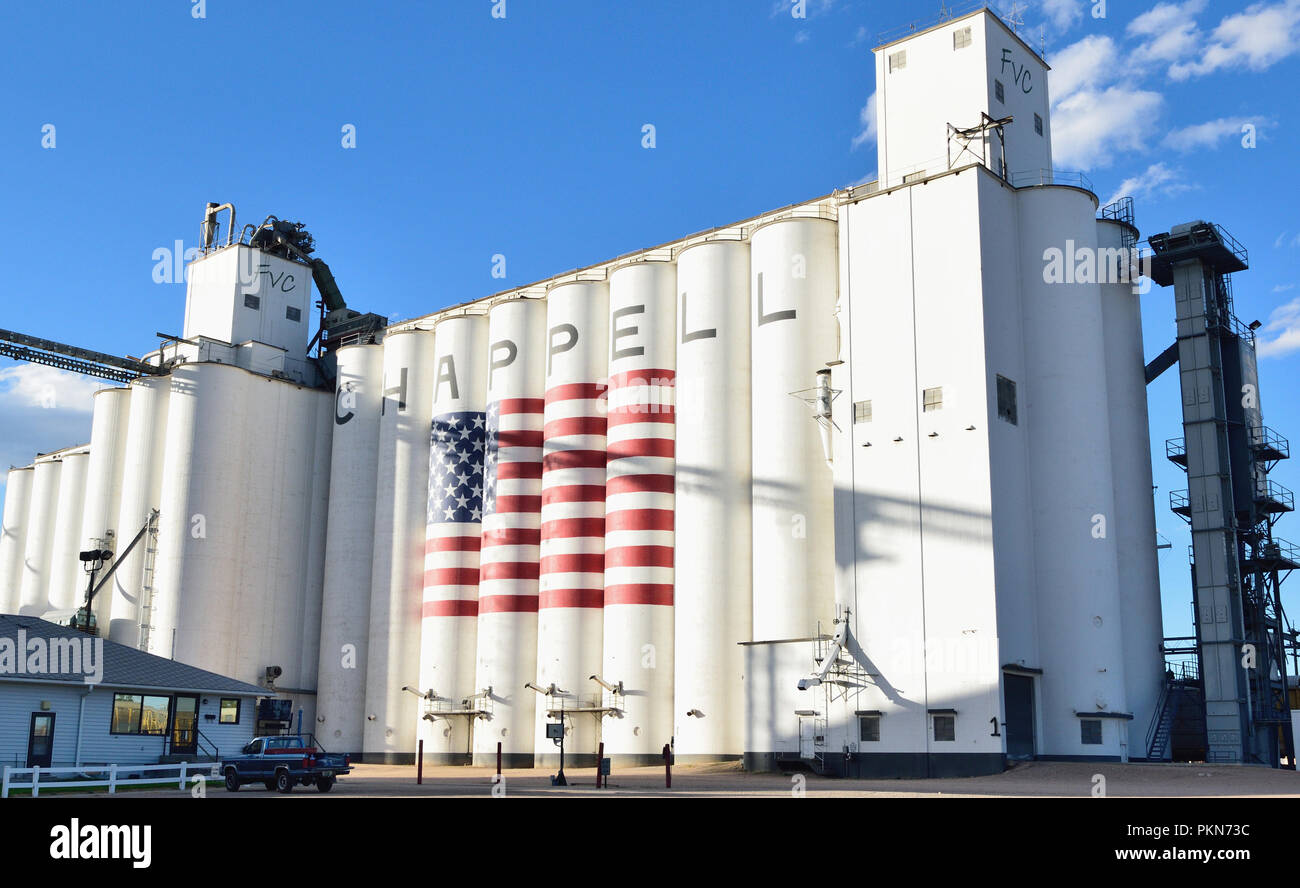 Patriotic grain elevators in Chappell Nebraska along interstate 80 Stock Photo