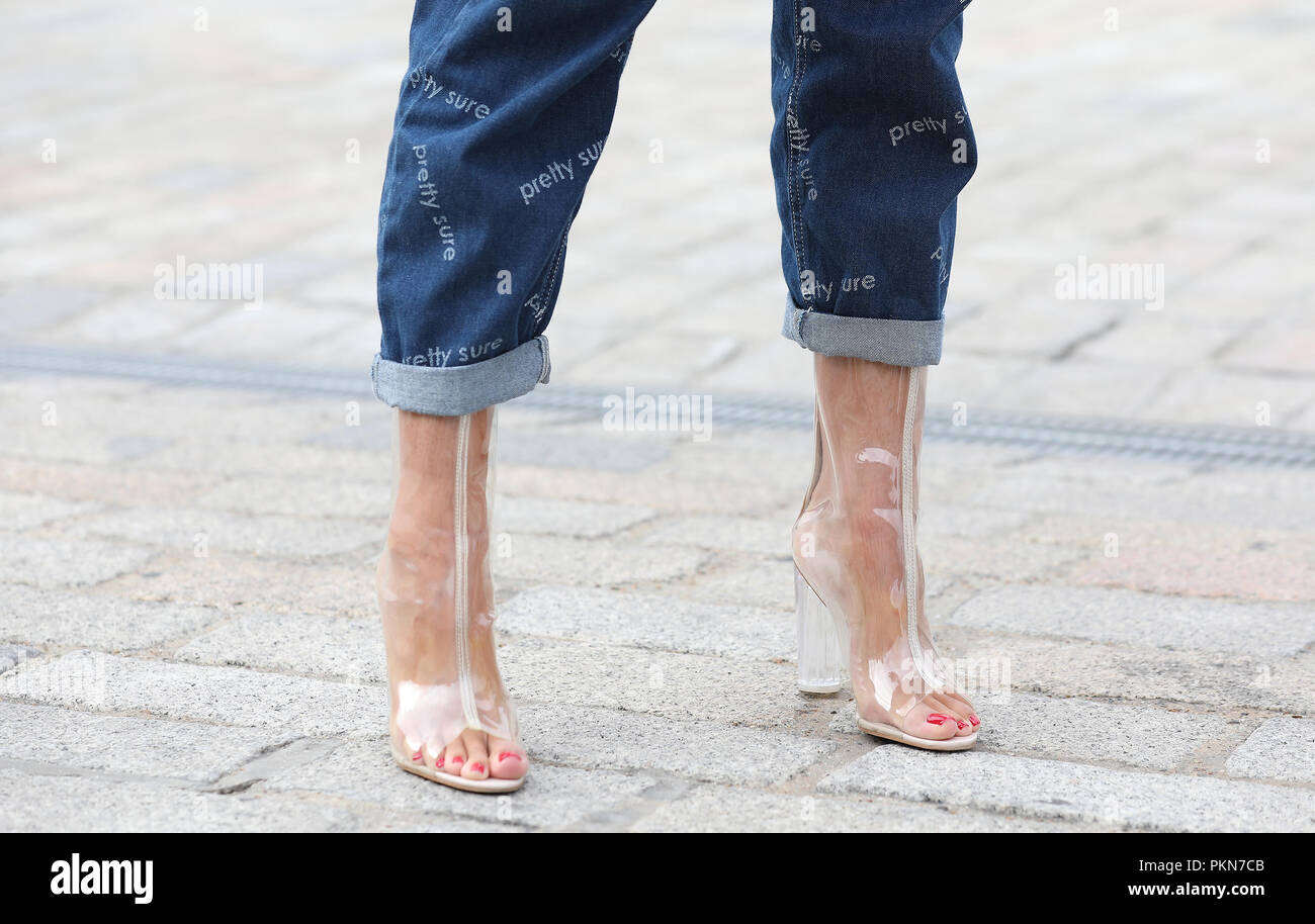 Fashion blogger Zlatina Jekova, from Bulgaria, wears Bershka jumpsuit and  Lola Boutique shoes during the London Fashion Week September 2018 at  Somerset House. PRESS ASSOCIATION. Picture date: Friday September 14, 2018.  Photo