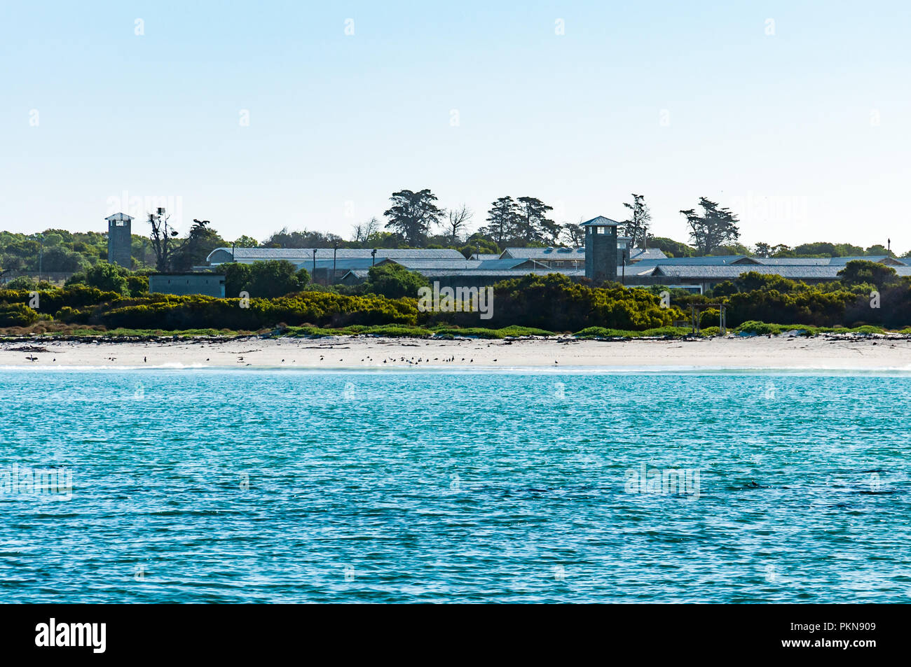 Guard towers and the prison camp on Robben Island (Robbeneiland), South Africa, the prison of Nelson Mandela Stock Photo