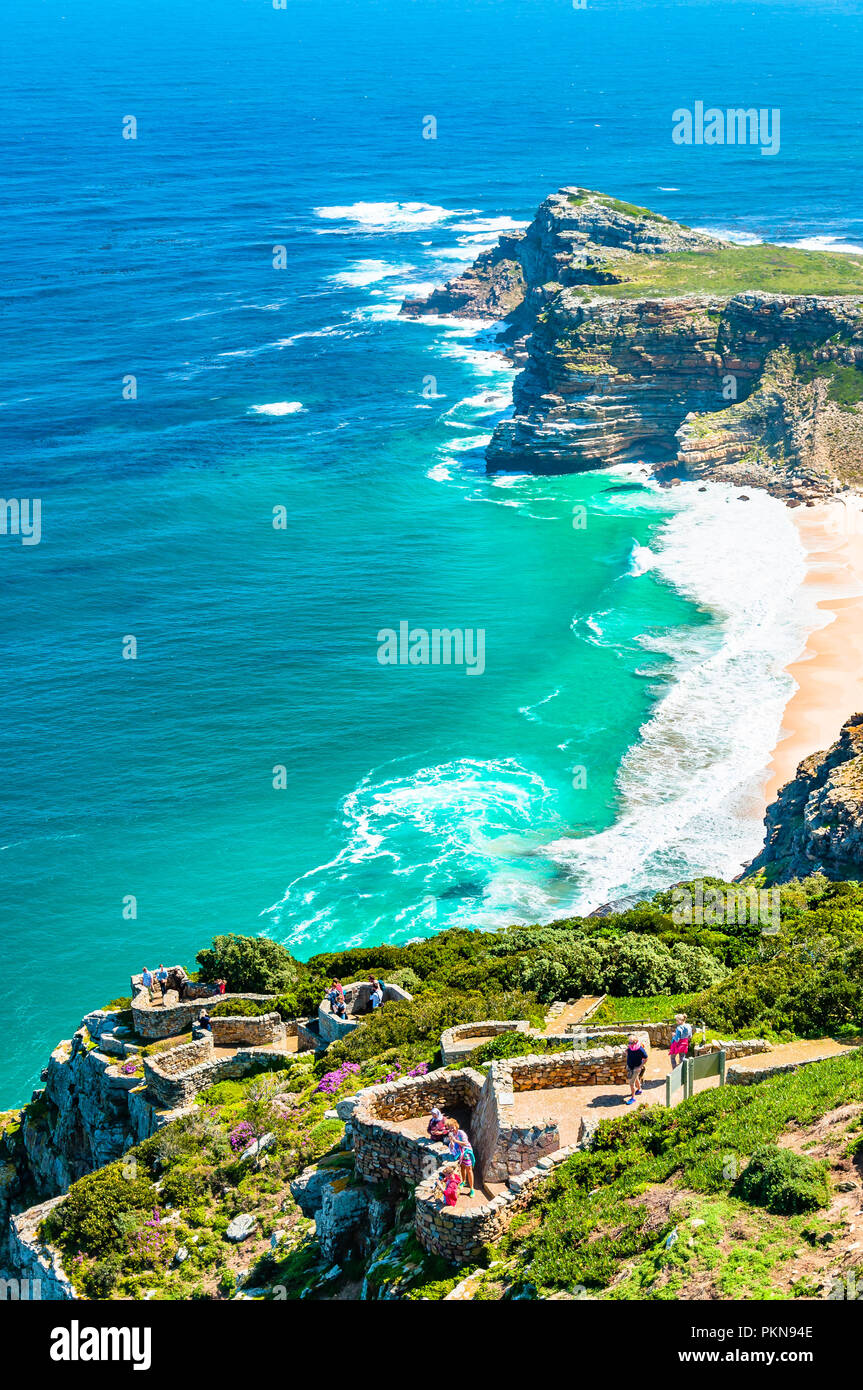 The Cape of Good Hope, Dias beach, terraces, bushes, people, South Atlantic ocean sea, South Africa Stock Photo