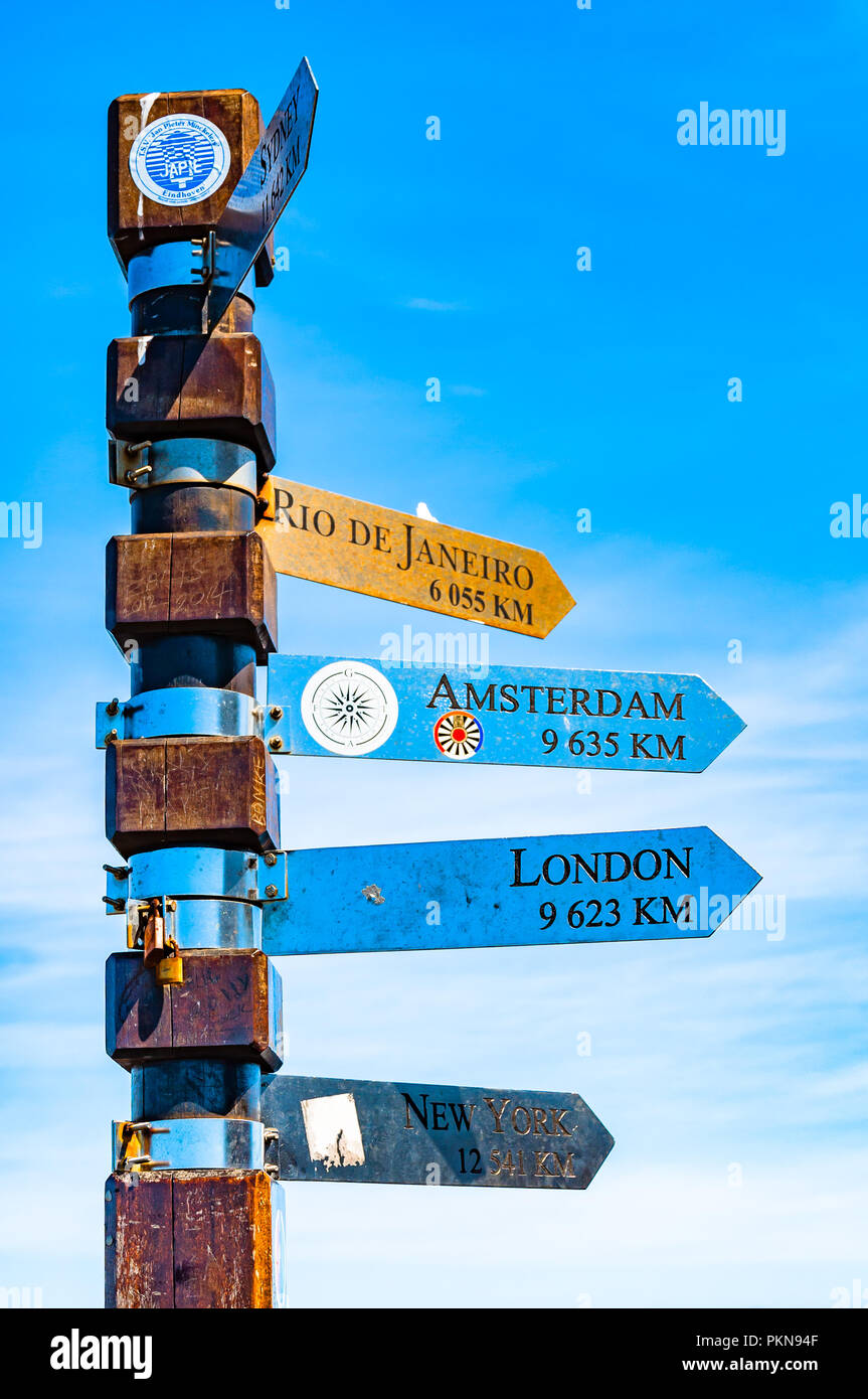 The Cape of Good Hope sign post to London, Amsterdam, New York, Rio de Janeiro, South Africa Stock Photo
