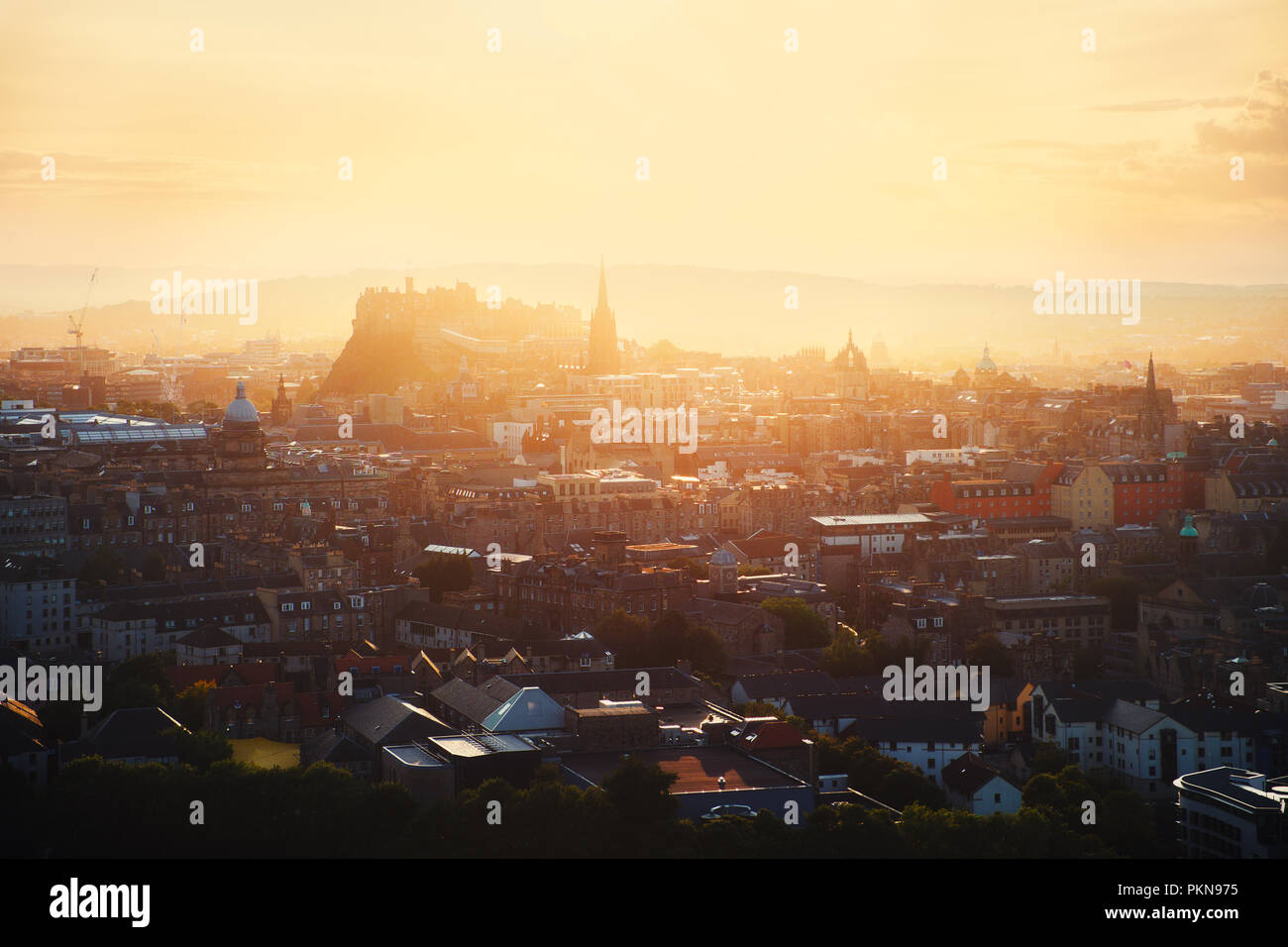 Top view of Edinburgh Castle and city in sunlight, Edinburgh, Scontald, United Kingdom Stock Photo