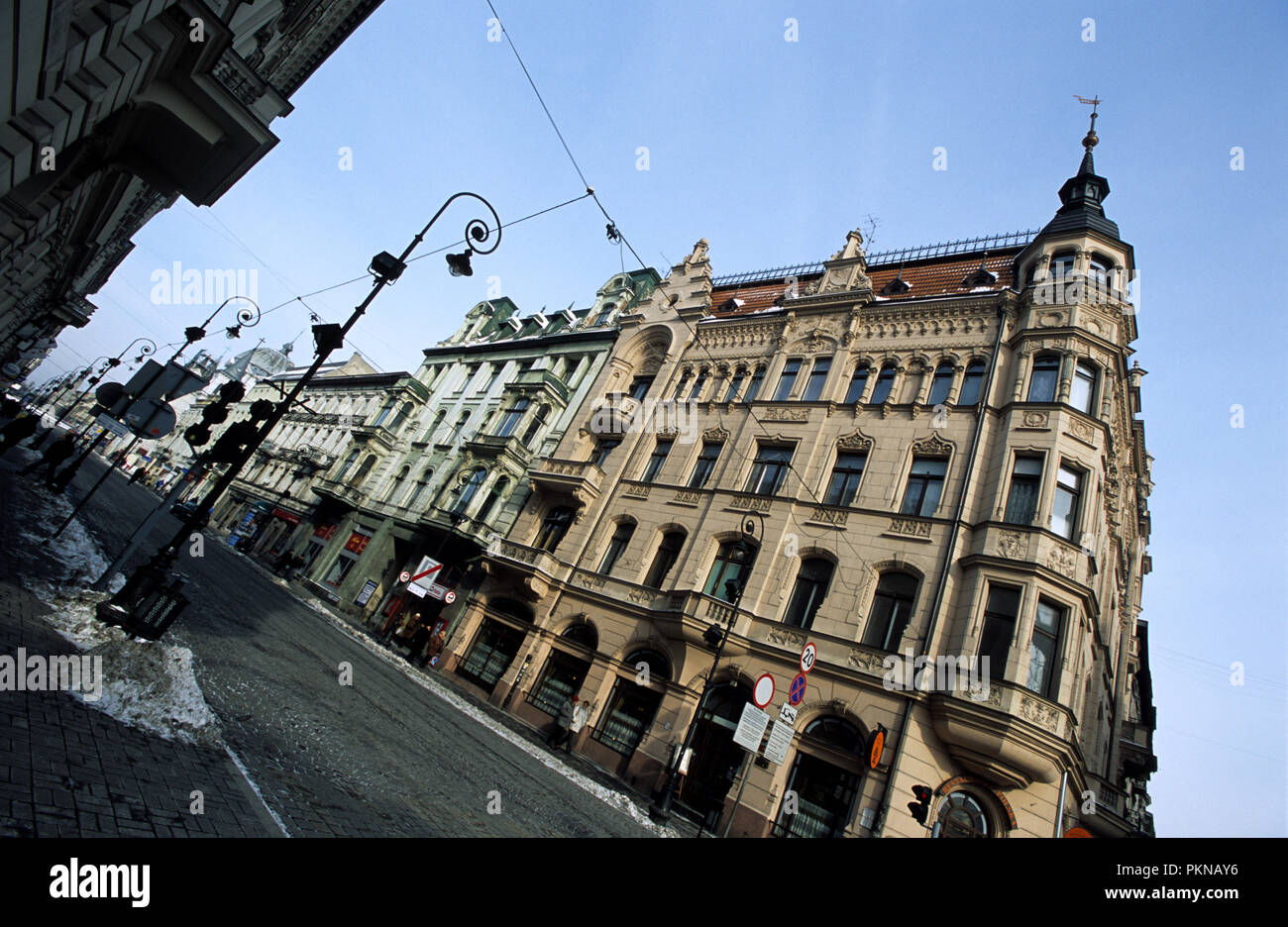 The famous Piotrowska Street in central Lodz Poland, the building on the right houses a cafe and restuarant on the lower floor 2007 Stock Photo