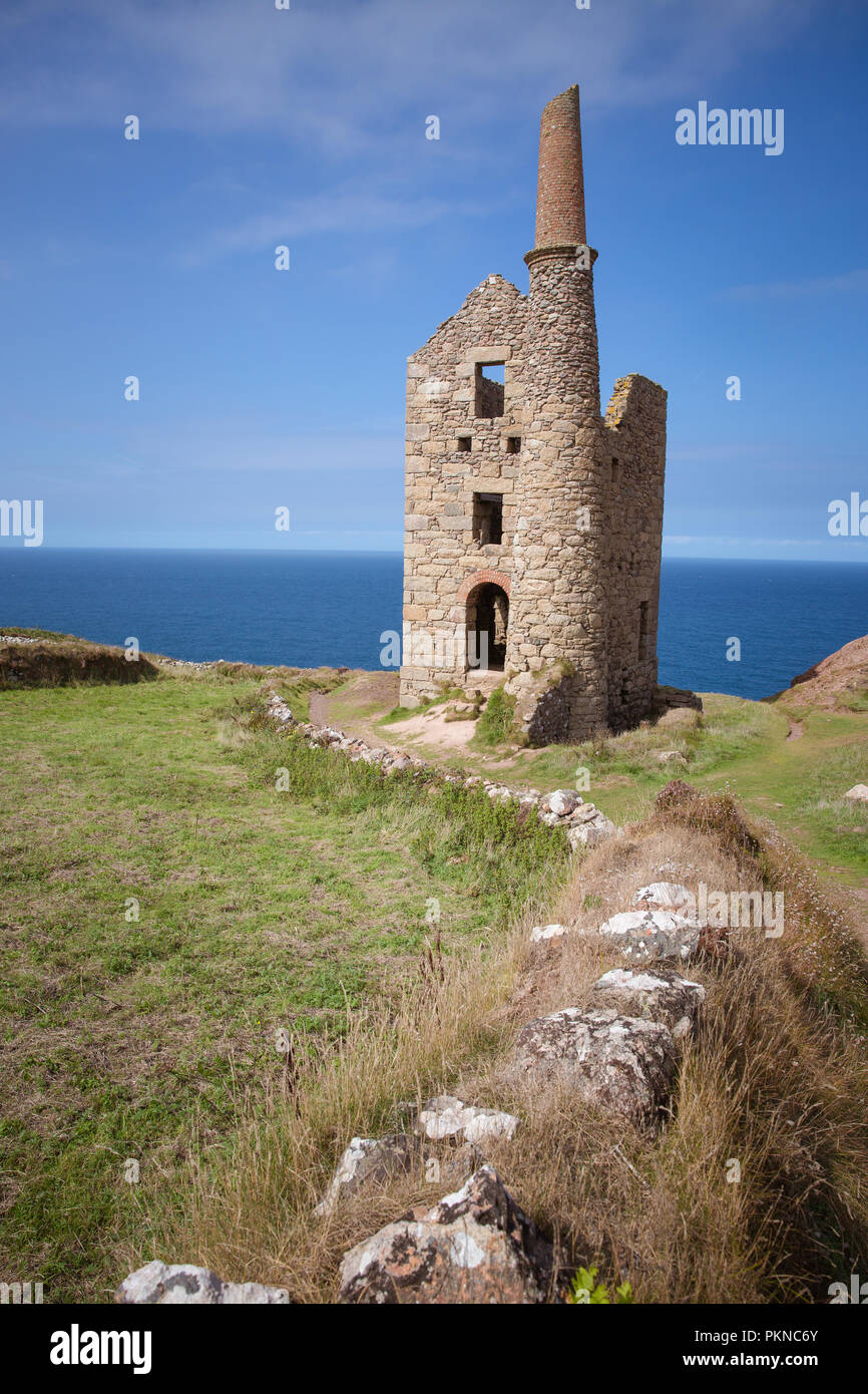 Derelict Cornish tin mine buildings at the National Trust owned site in Botallack, Cornwall, UK which is an area associated with the Poldark TV series. Stock Photo