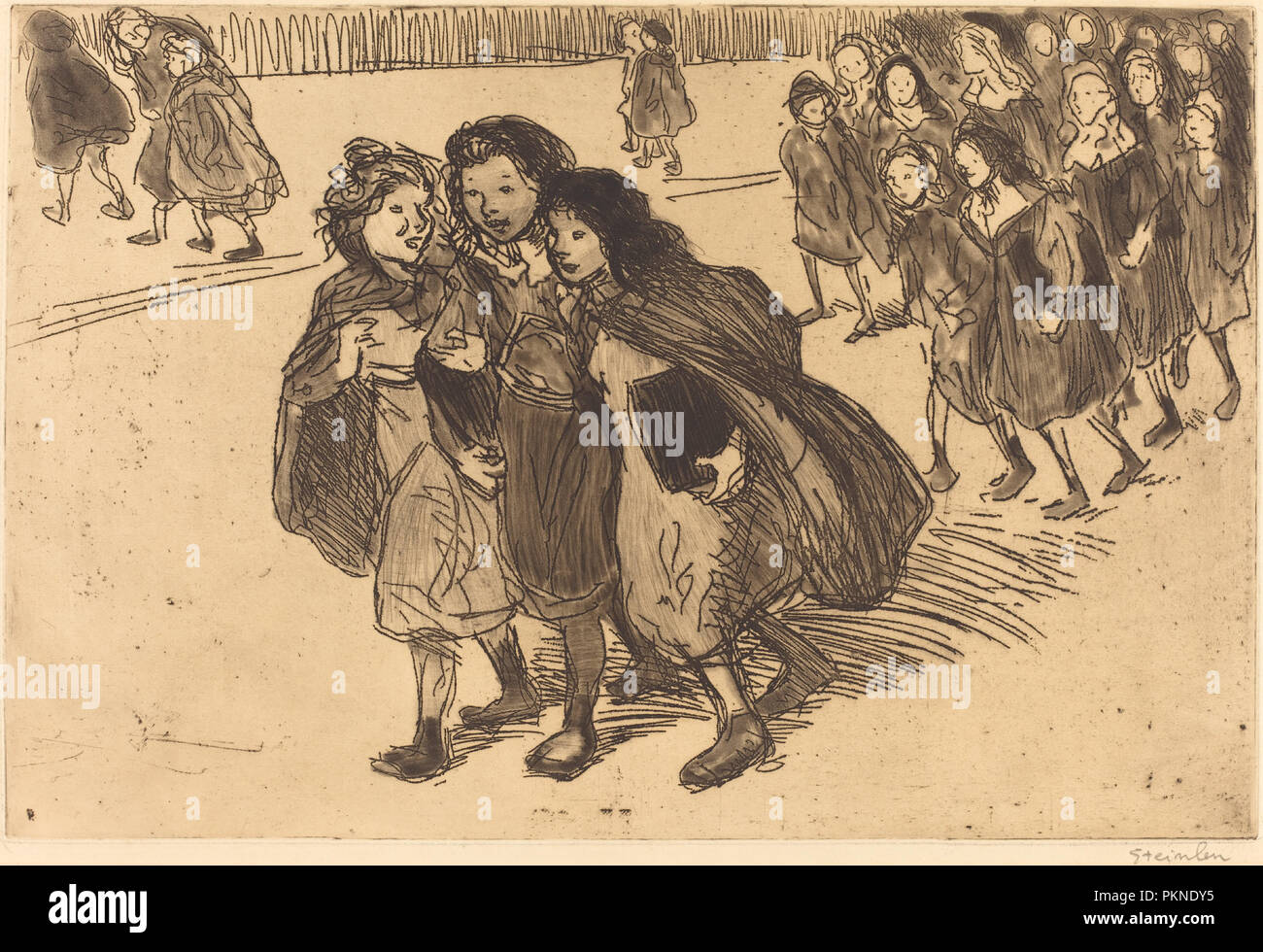 Girls Coming from School (Gamines sortant de l'ecole). Dated: 1911. Medium: etching (copper). Museum: National Gallery of Art, Washington DC. Author: STEINLEN, TEOPHILE. Stock Photo