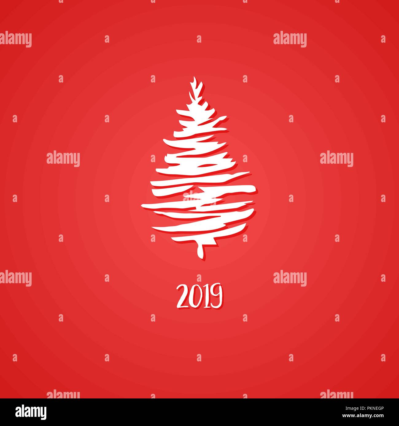 White Ink Pine Tree. Hand Drawn Symbol. Happy New Year Card with Inked Inscription 2019 number. Red background and white inked hand drawn tree Stock Vector