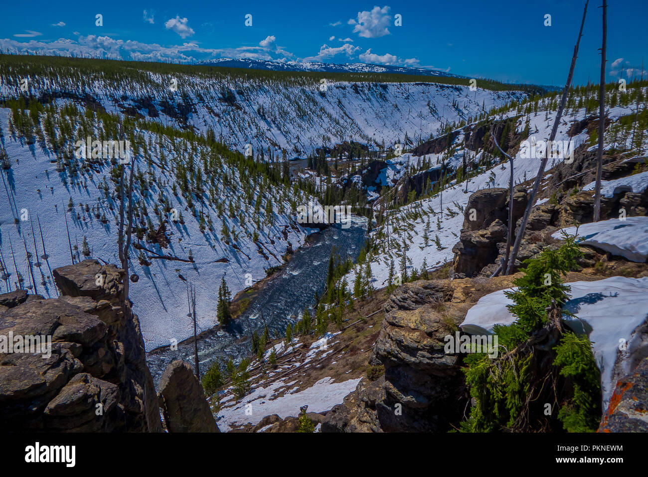 Aerial view of lower falls, most popular waterfall in Yellowstone, are sits in head of the Grand Canyon in the Riverat Yellowstone National Park, Wyoming Stock Photo