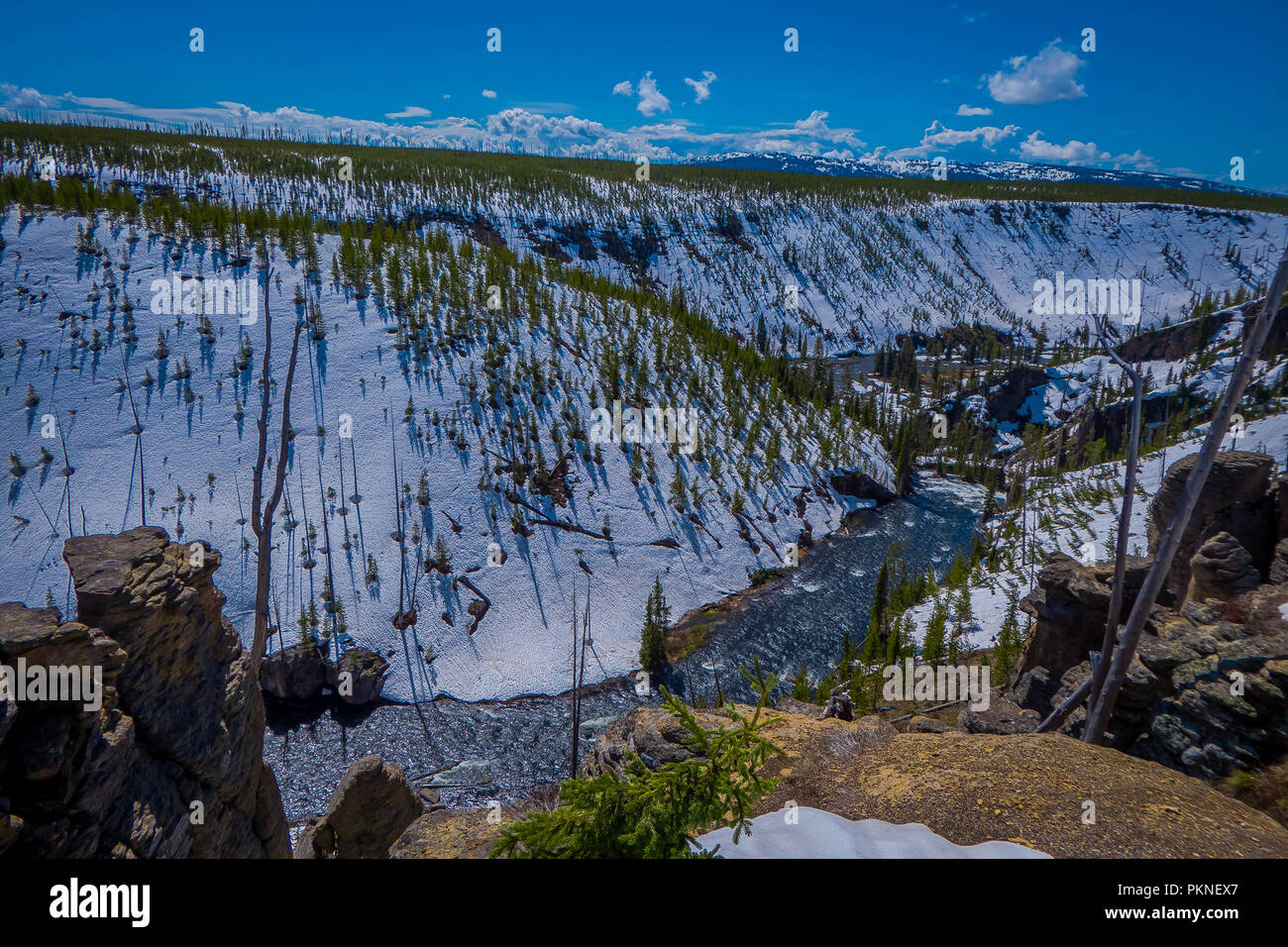 Aerial view of lower falls, most popular waterfall in Yellowstone, are sits in head of the Grand Canyon in the Riverat Yellowstone National Park, Wyoming Stock Photo