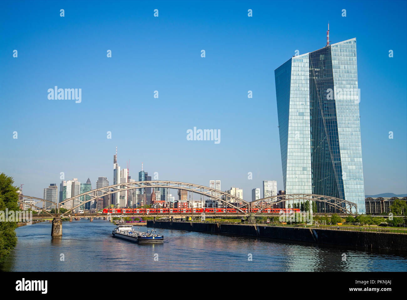 European Central Bank (ECB) in Frankfurt with skyline and view over the Main Stock Photo