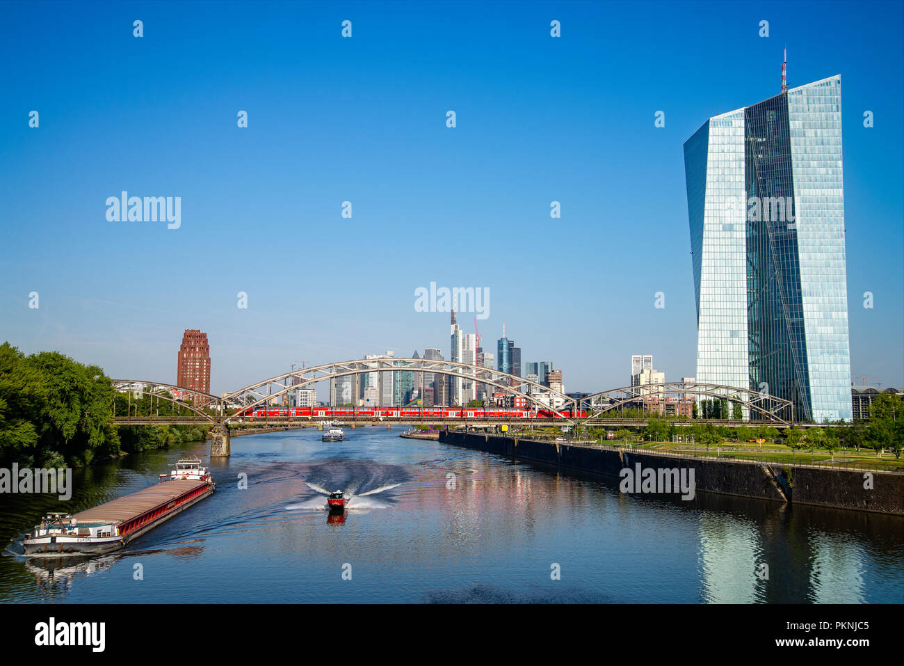 View over the Main to the skyline of Frankfurt and the European Central Bank (ECB) in the foreground Stock Photo