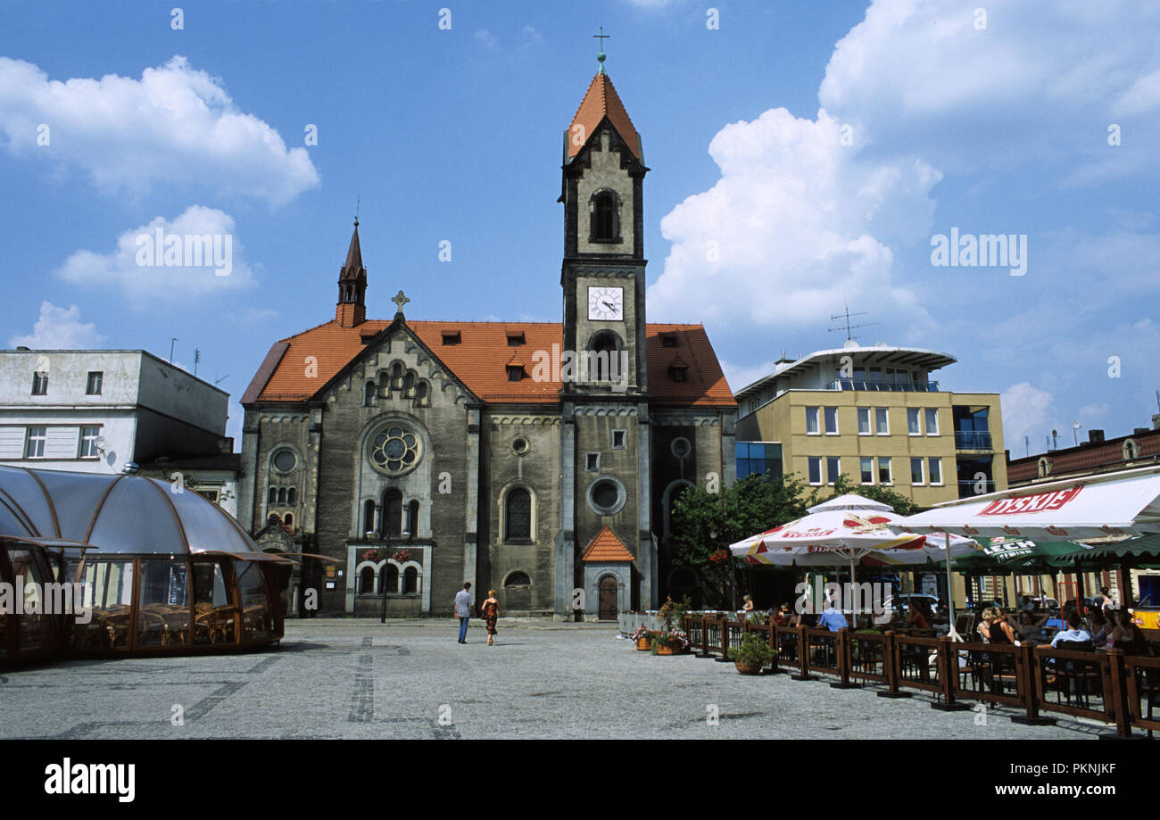 Protestant church in the Rynek Market Square in the old town of Tarnowskie Gory in the Silesia region in Southwest Poland Stock Photo