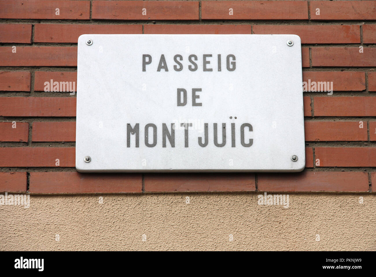 Passeig de Montjuic - street sign in Barcelona, Spain Stock Photo
