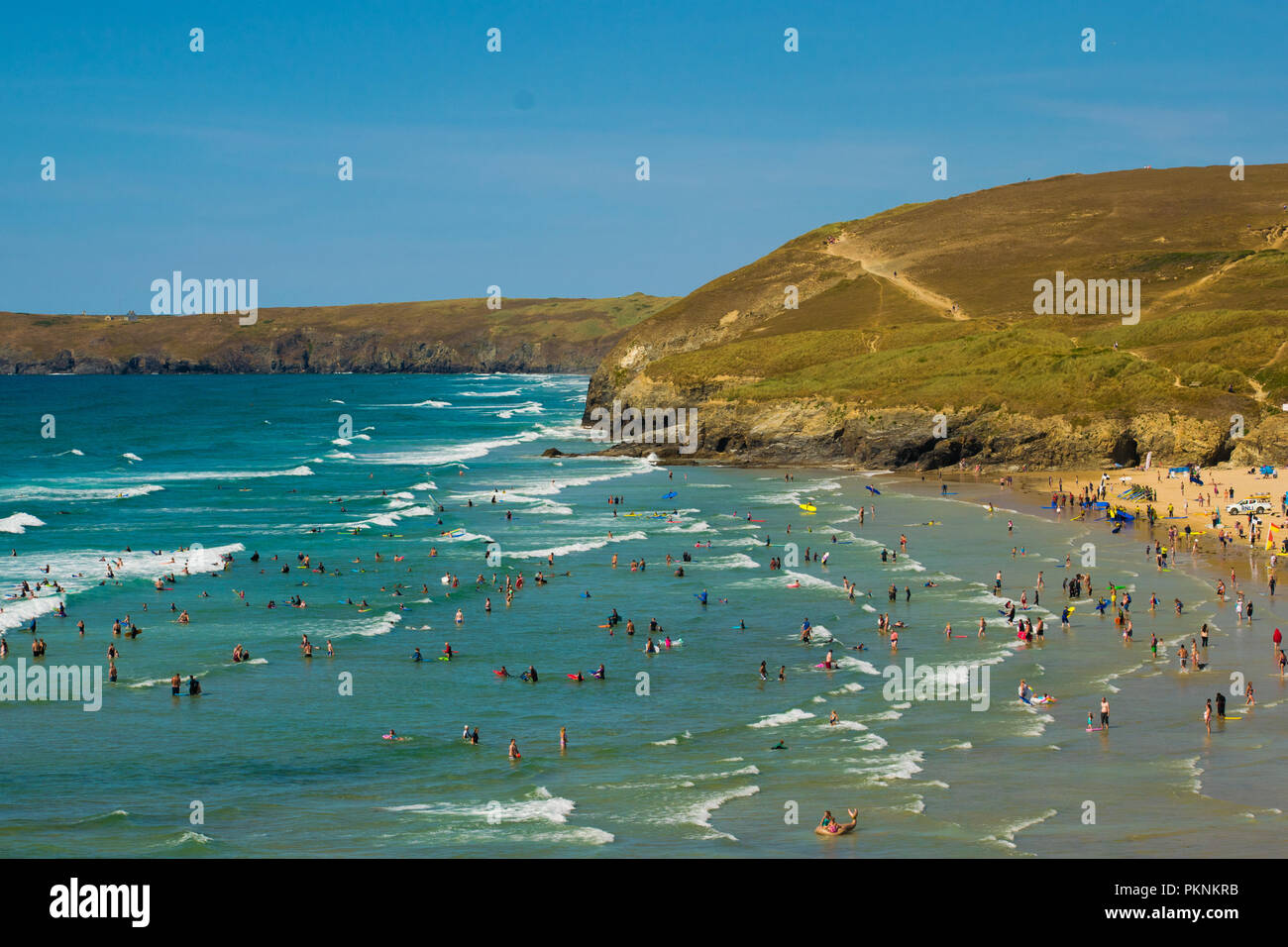 A very busy beach situated  at Perranporth, Cornwall, UK Stock Photo