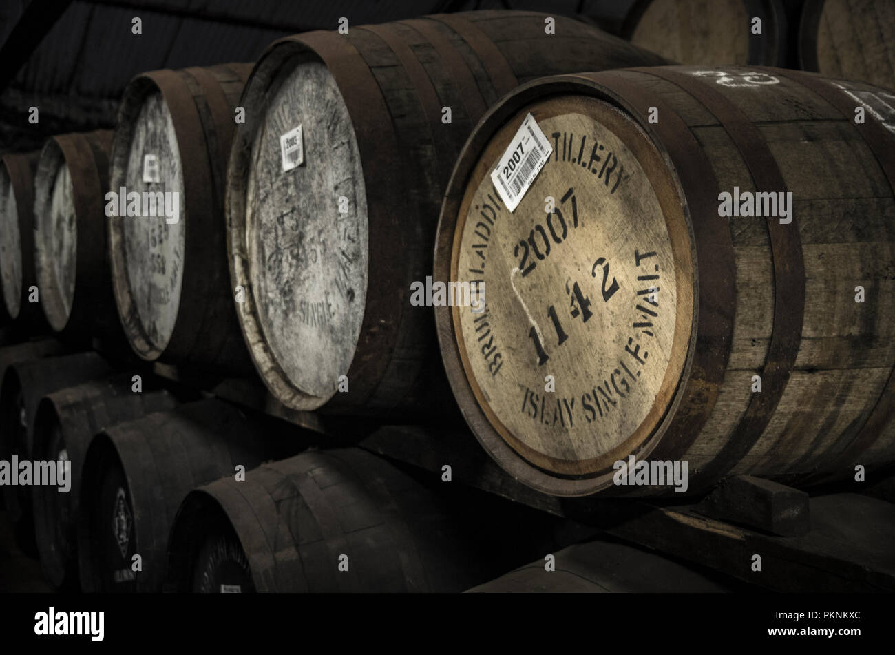 Oak Barrels of Whisky in Warehouse, Islay, Scotland, UK Stock Photo